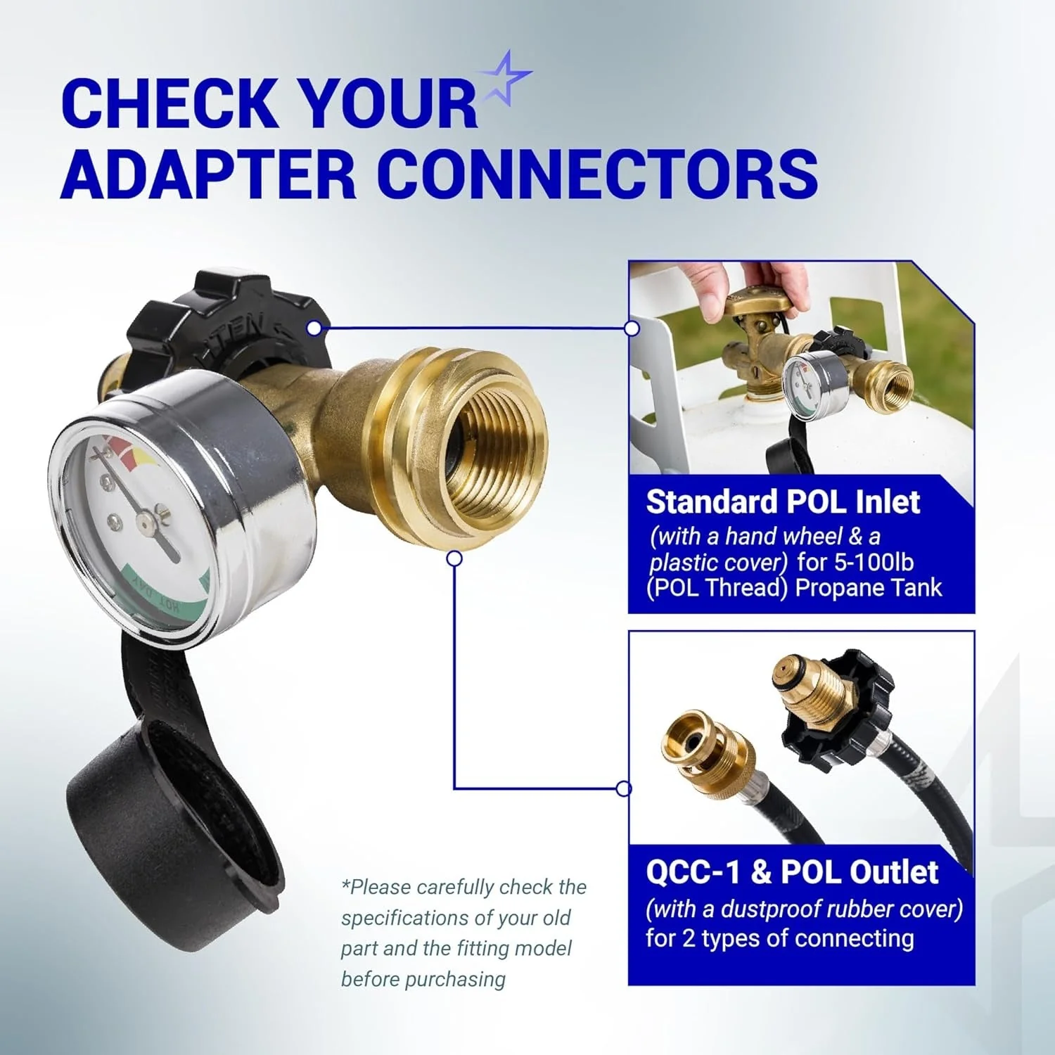 100 lb Propane Tank Adapter, POL Propane Gauge for 100 lb Propane Tank, Converts POL LP Tank Service Valve to QCC1/Type 1 - Image 2