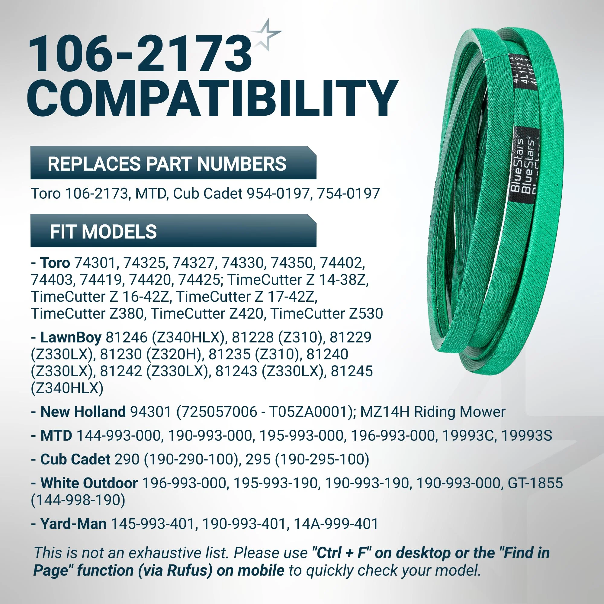 [Grip120] 106-2173 Deck Belt for 42” Deck Toro Time Cutter 74301 74330 Z14-38Z MTD Cub Cadet - Replaces 754-0197 954-0197 - 1/2” x 117.2” - Image 6