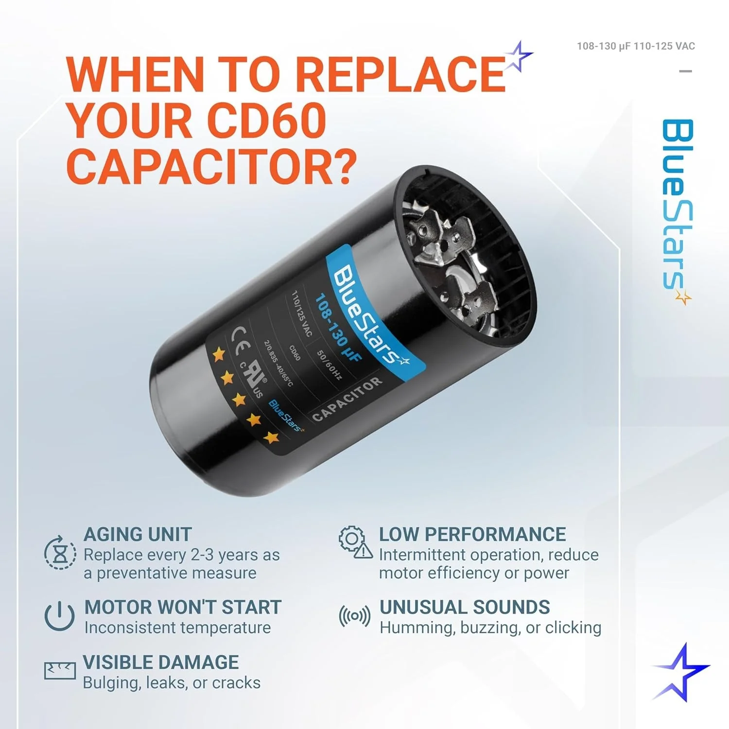 108-130 uF MFD 110-125 VAC ±20% 50/60 Hz CD60 Round Start Capacitor - Fits Pool Pump, Well Pump - Image 3