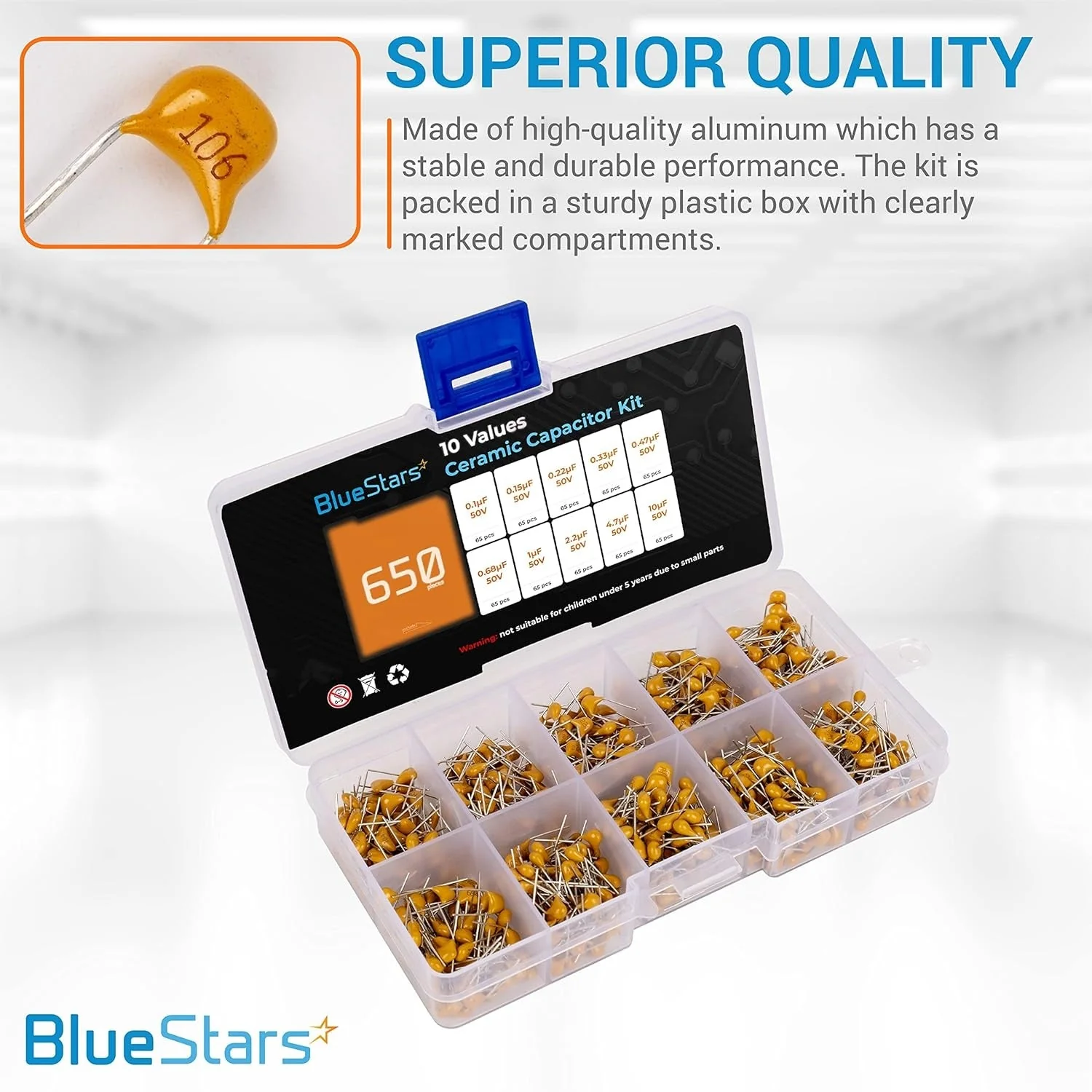 650 PCS 10-Value Ceramic Capacitor Assortment Box Kit - 0.1uF 0.15uF 0.22uF 0.33uF 0.47uF 0.68uF 1uF 2.2uF 4.7uF 10uF - Image 4