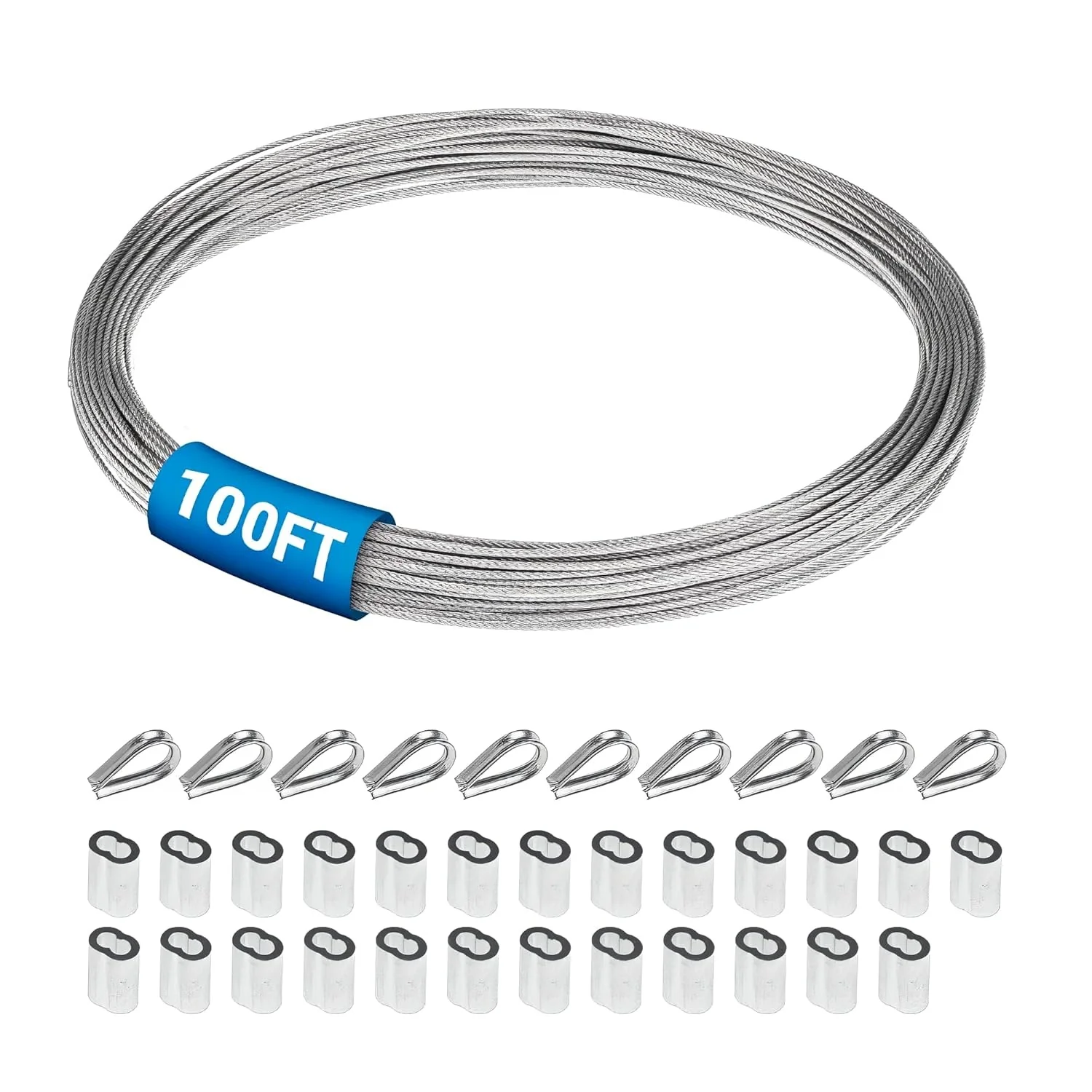1/16" Wire Rope Kit - 100FT with 25PCS Aluminum Sleeves & 10PCS Thimbles - 7x7 Strand Core Wire for Deck Railing, String Lights, Garden Trellis