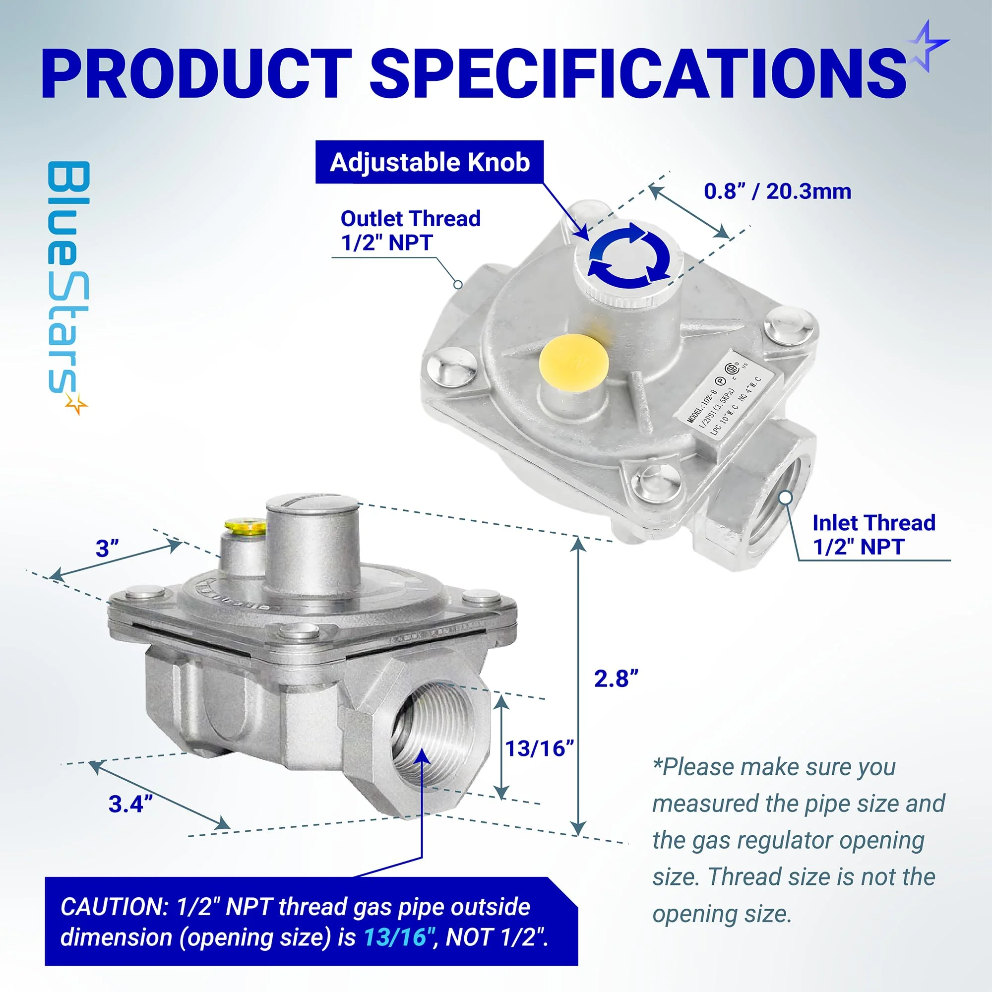 1/2" Gas Pressure Regulator, Adjustable Natural Gas & Liquefied Interchange Pressure Regulator with 2 Brass 1/2" NPT Conversion Adapters - Image 2
