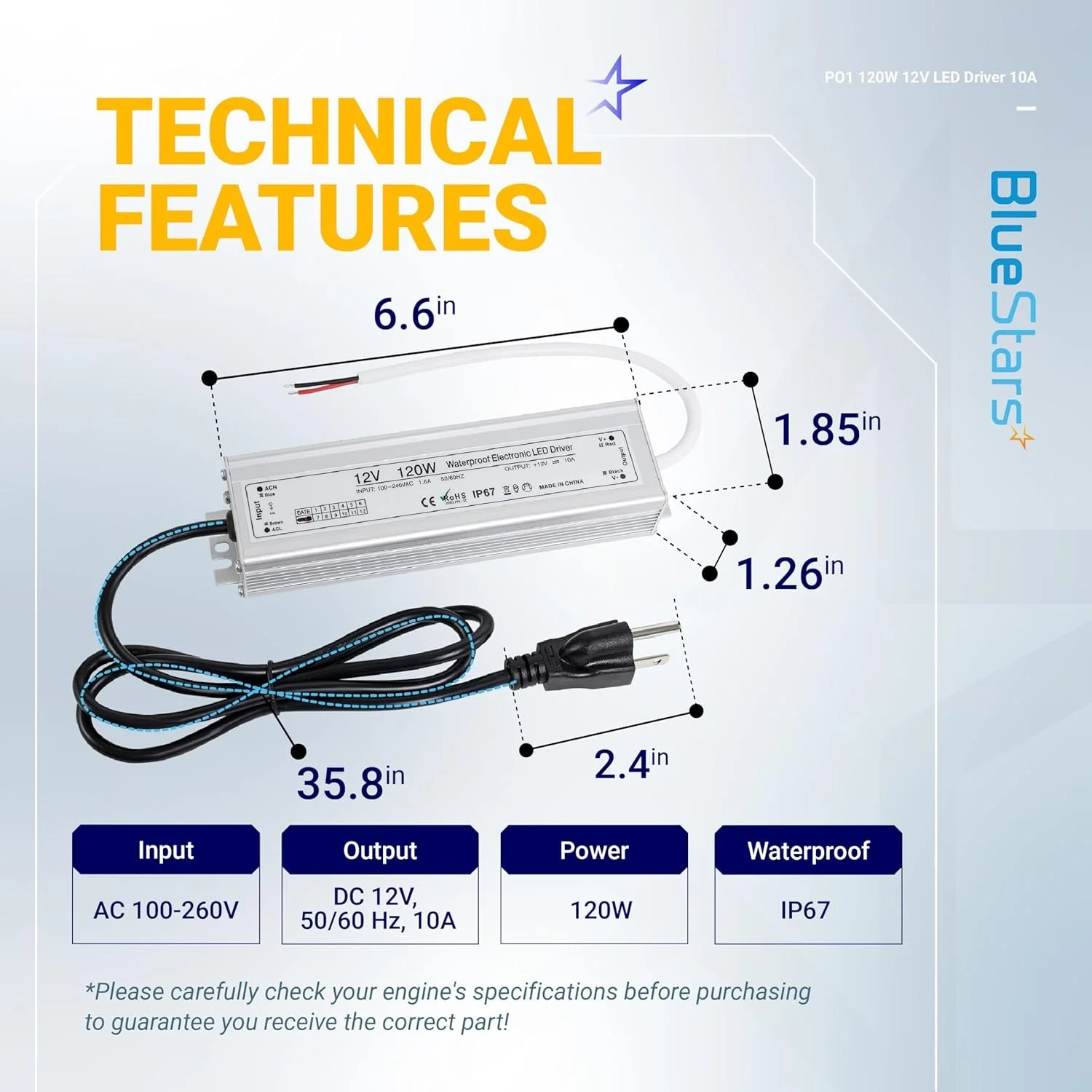120W 12V LED Power Supply Driver 10A with US Standard 3-Prong Plug - AC 100-260V to 12V DC Constant Voltage Transformer, IP67 Waterproof - Image 2