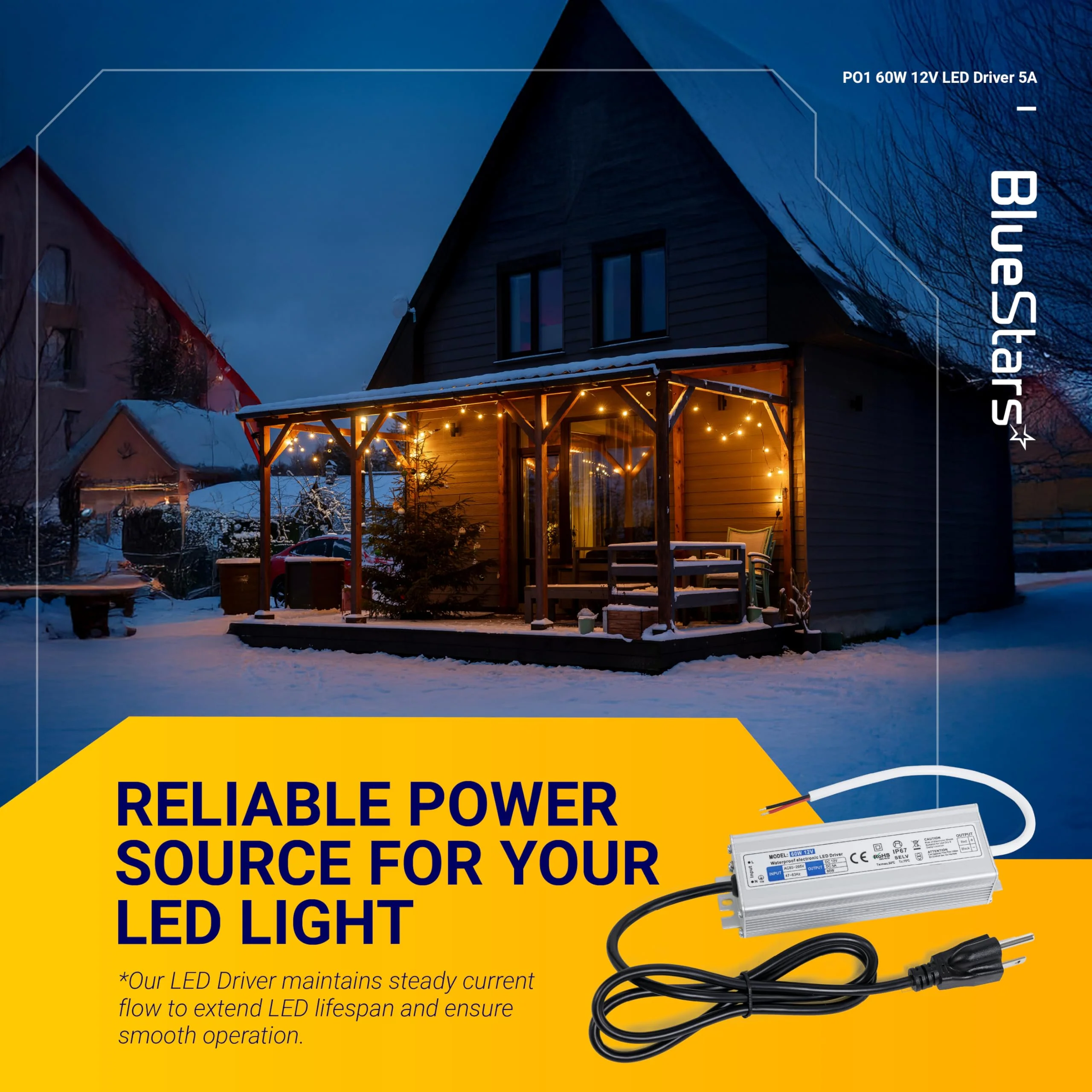 12V LED Power Supply Driver 60W 5A with US Standard 3-Prong Plug - AC 100-240V to 12V DC Constant Voltage Transformer (IP67 Waterproof) - Image 3