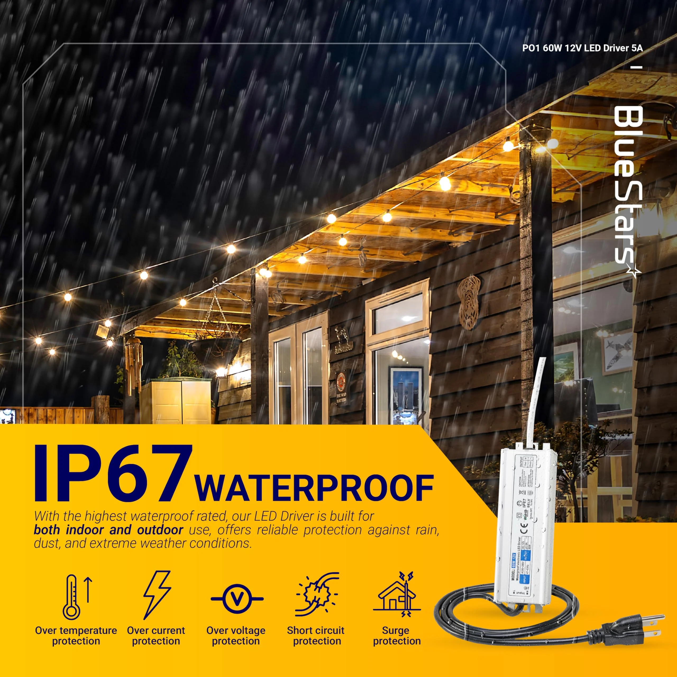 12V LED Power Supply Driver 60W 5A with US Standard 3-Prong Plug - AC 100-240V to 12V DC Constant Voltage Transformer (IP67 Waterproof) - Image 5