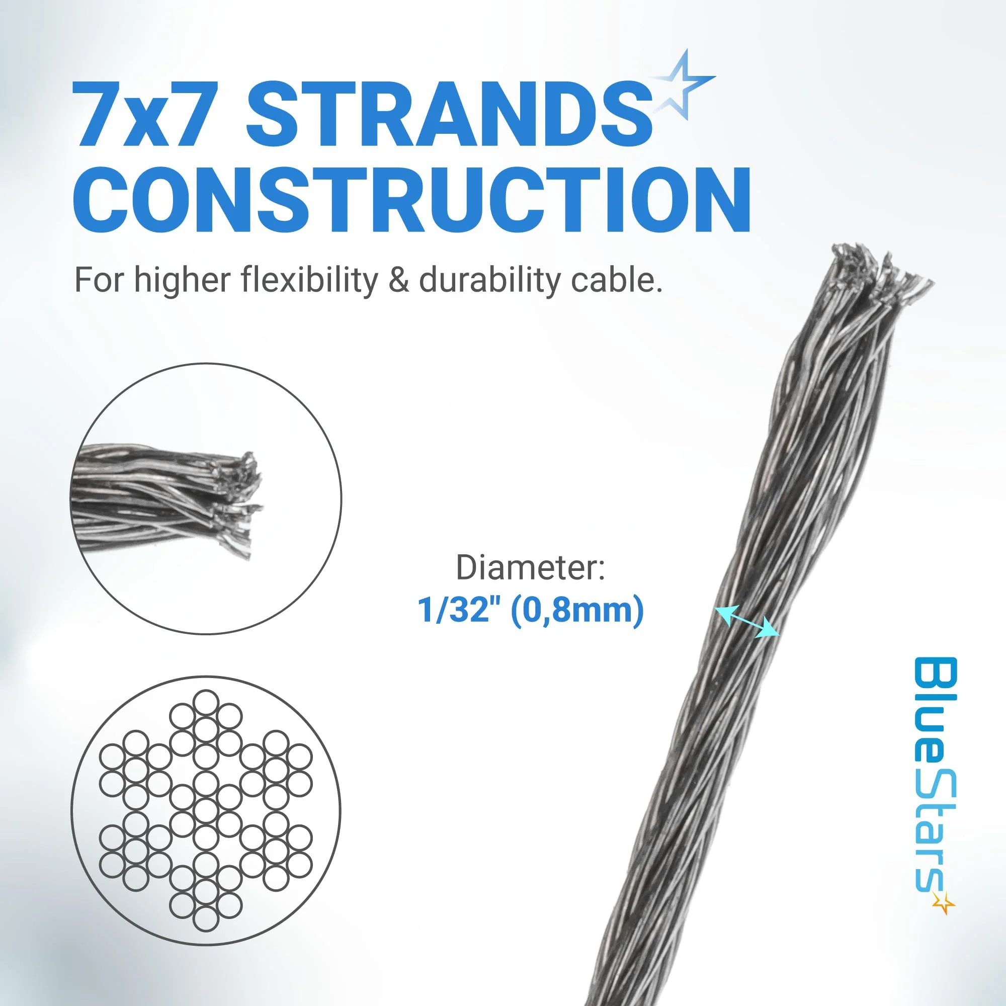 1/32" Wire Rope Kit - 200FT Wire Rope with 50PCS Aluminum Crimping Sleeves Stops - 7x7 Strand Core Cable for Deck Railing, String Lights, Garden Trellis - Image 3