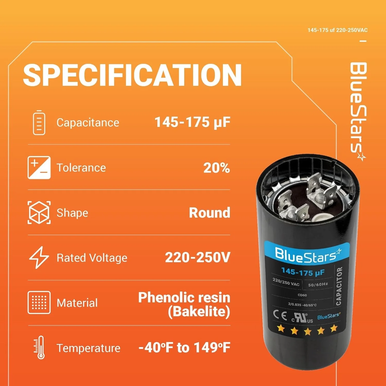 145-175 uF MFD 220-250 VAC CD60 50/60 Hz Round Motor Start Capacitor - Fits Pool Pump, Well Pump - Image 6