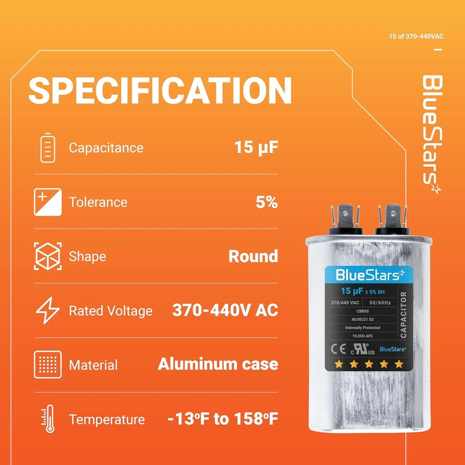 15 uF MFD 370/440 VAC Oval Run Start Capacitor CBB65 - Fits AC Motor, Condenser, Heat Pump - Replaces TRCF15 - Image 6