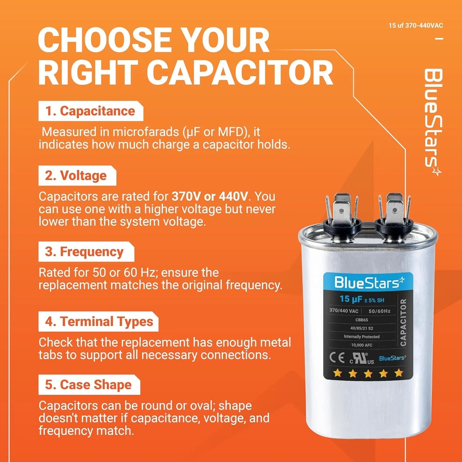 15 uF MFD 370/440 VAC Oval Run Start Capacitor CBB65 - Fits AC Motor, Condenser, Heat Pump - Replaces TRCF15 - Image 9