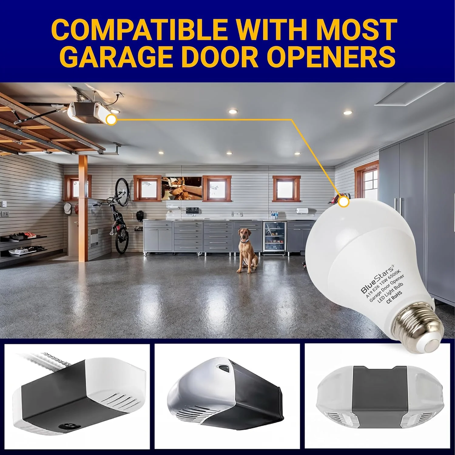 15W A19 E26 Universal Garage Door Opener LED Light Bulb - 100W Equivalent, 1500Lm Ultra Bright, 120V - 2 Pack - Image 7