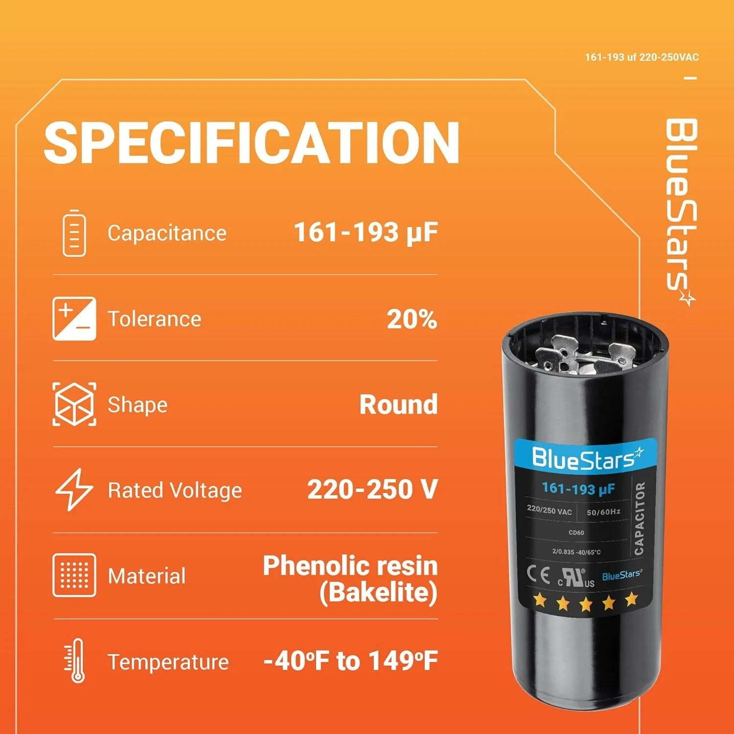 161-193 uF MFD 220-250 VAC 50/60 Hz Round Start Capacitor - Universal Fits Air Conditioners - Image 6