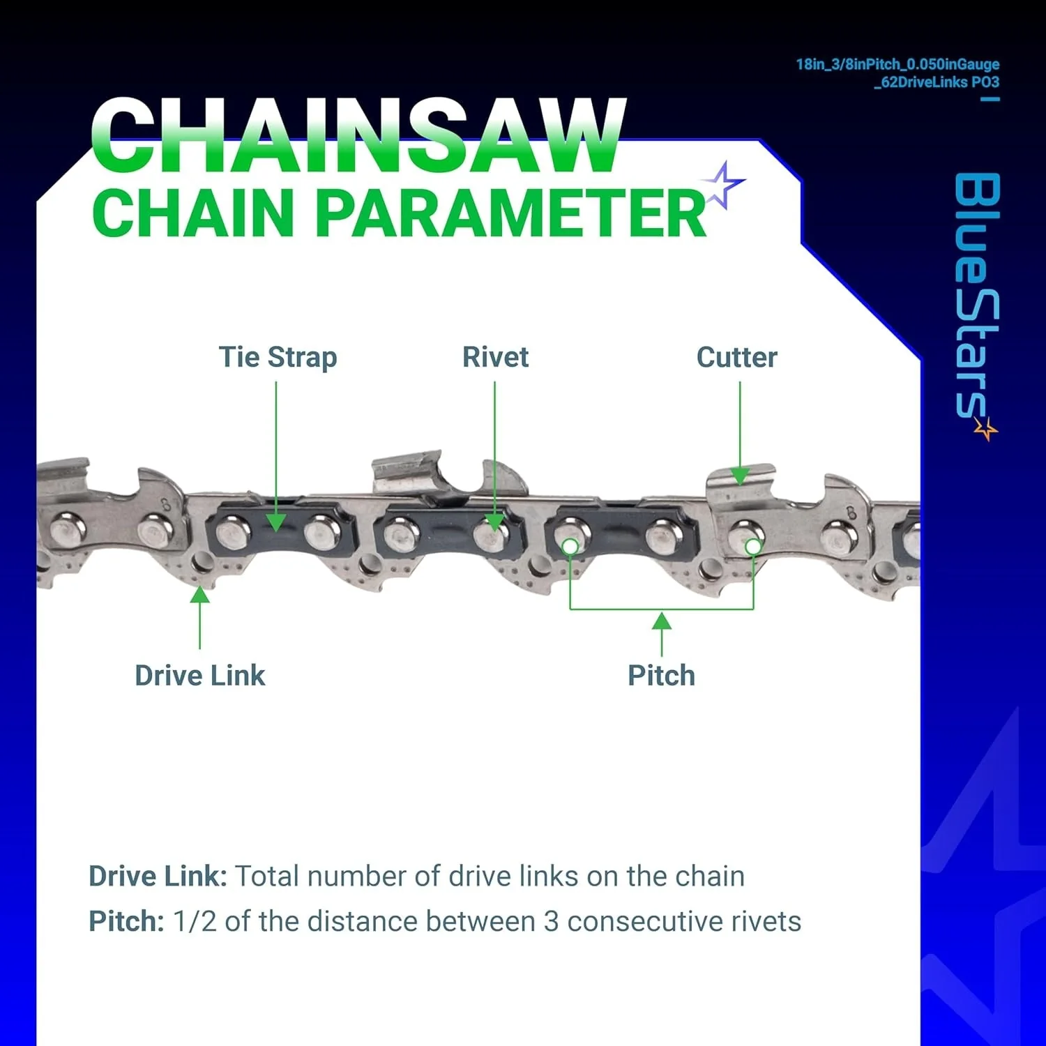18" Chainsaw Chain (3/8" LP Pitch 0.050" Gauge 62 Drive Links) for Craftsman CS1803 Ego CS1804 CS1800 Poulan 2025 Kobalt KCS - 3 Pack - Image 3