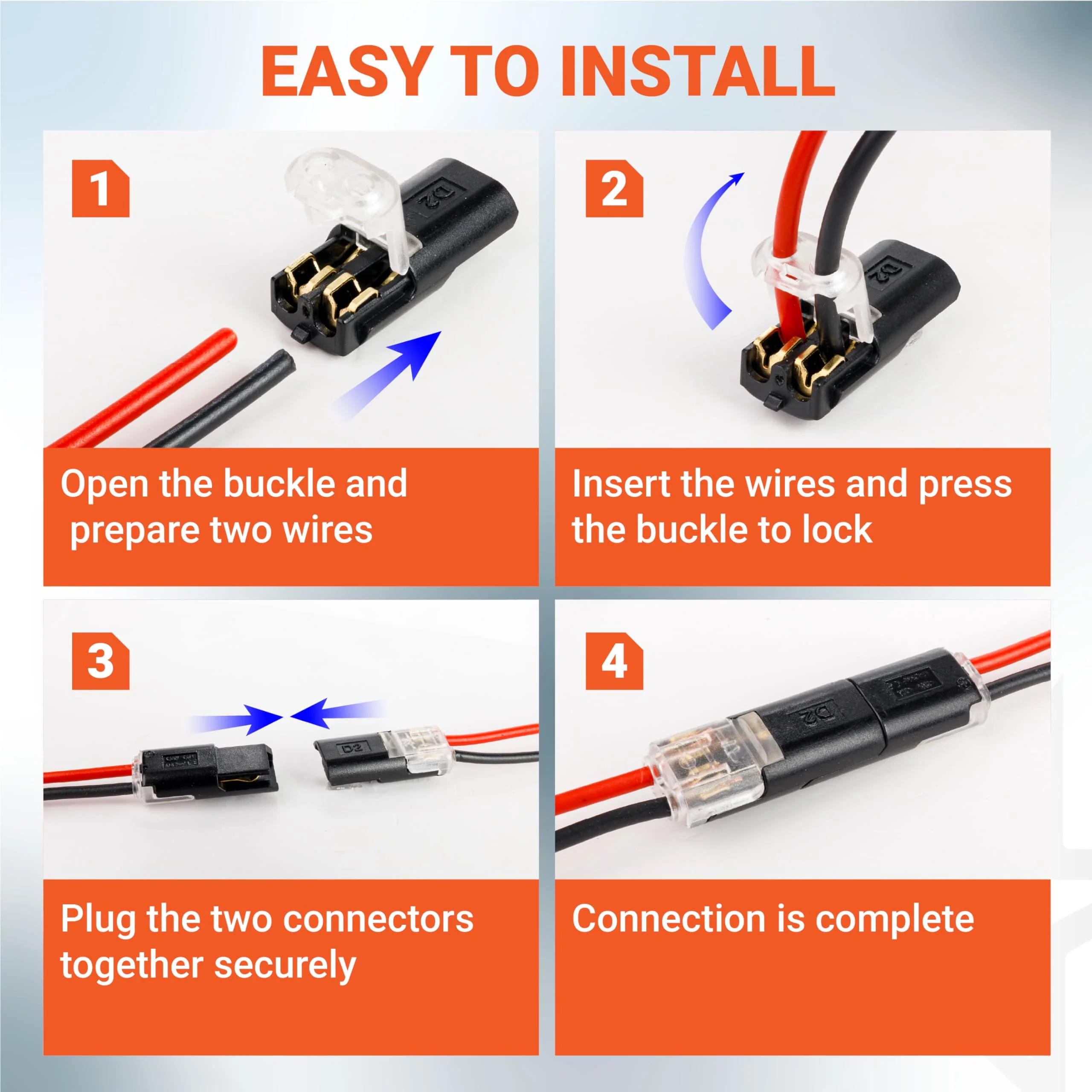 2 Pin Double Wire Plug-in Connectors with Locking Buckle, 18-22 AWG Low Voltage Quick Wire Splice Connectors - 10 Pack - Image 4