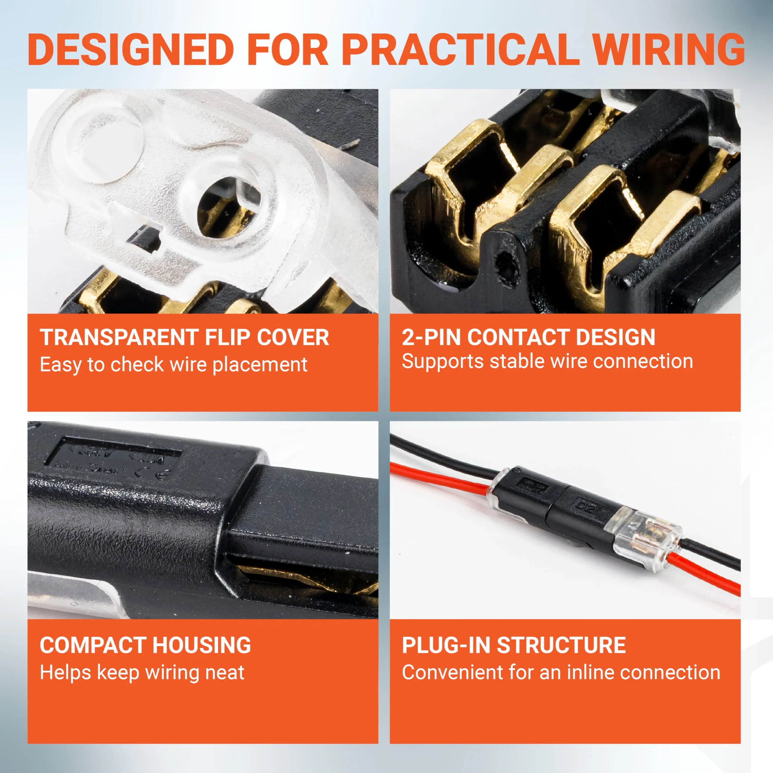 2 Pin Double Wire Plug-in Connectors with Locking Buckle, 18-22 AWG Low Voltage Quick Wire Splice Connectors - 10 Pack - Image 7