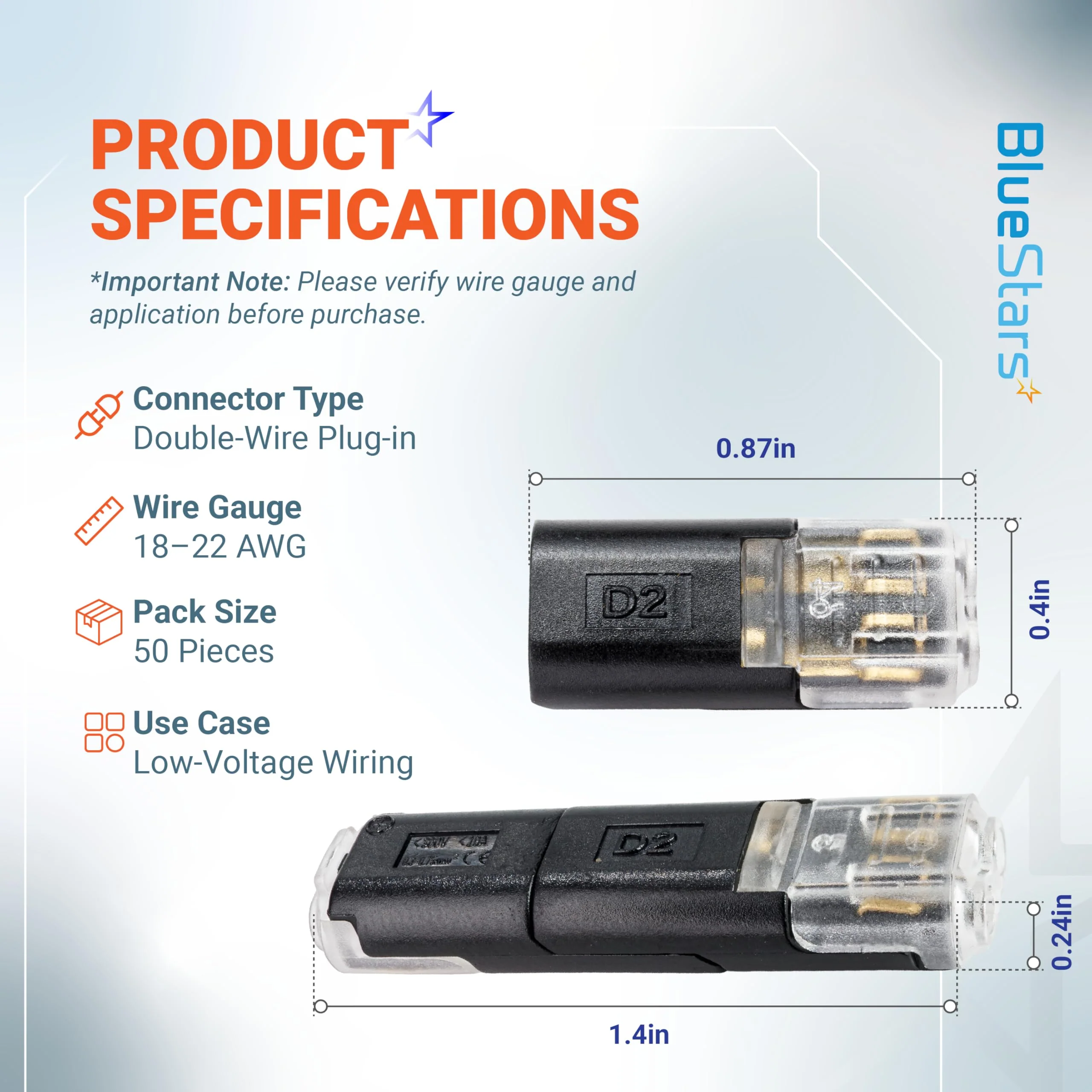 2 Pin Double Wire Plug-in Connectors with Locking Buckle, 18-22 AWG Low Voltage Quick Wire Splice Connectors - 5 Pack - Image 2