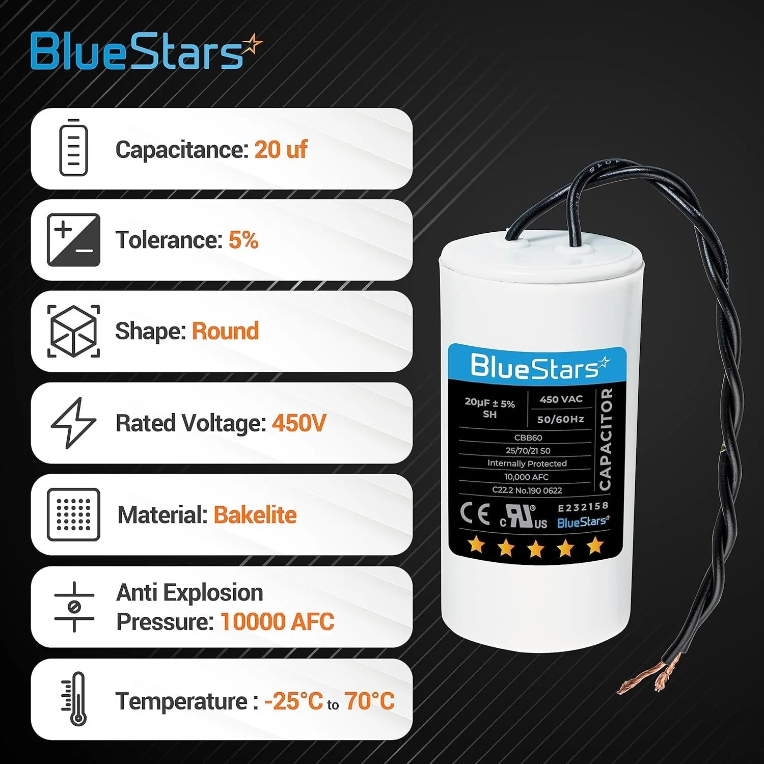 20 uF MFD 450 VAC CBB60 50/60 Hz Run Capacitor with Screw - Fits AC Motors, Electric Motors, Water Pumps - Image 2