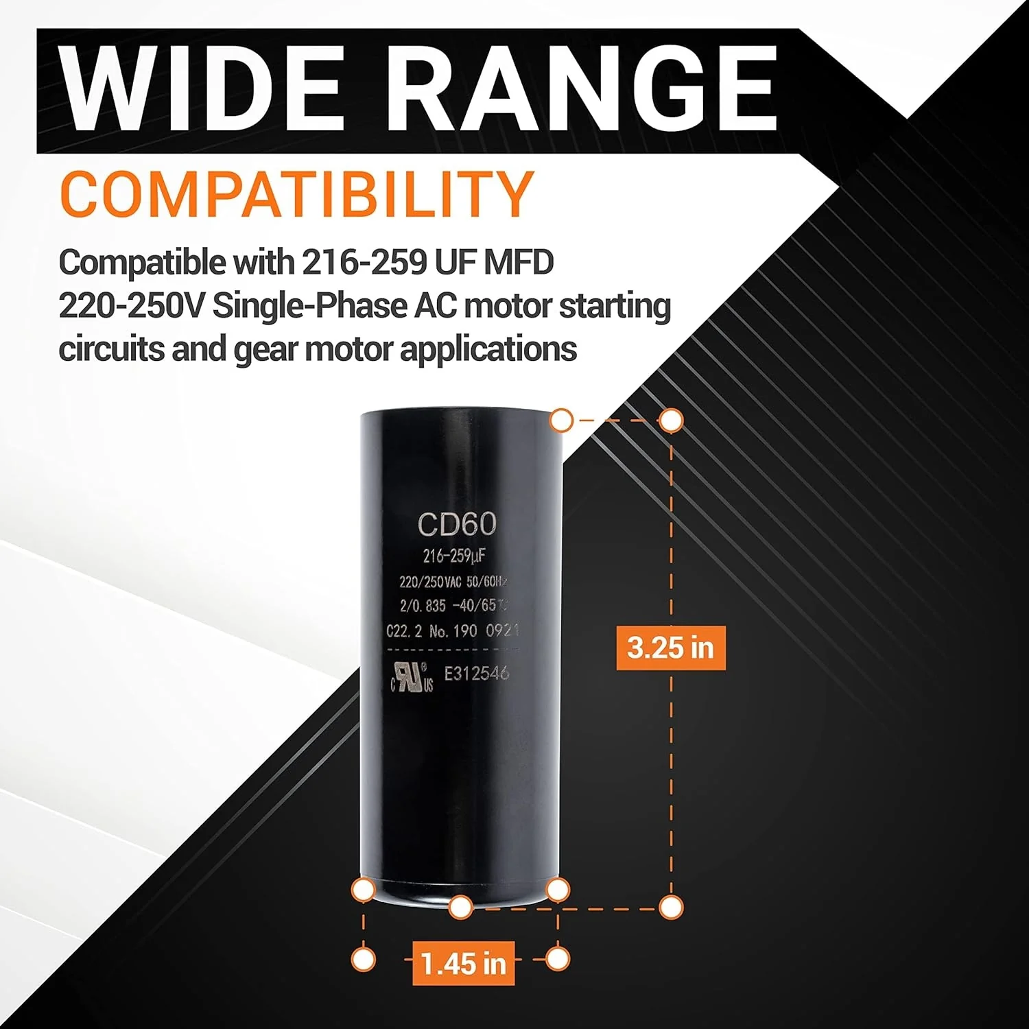216-259 uF MFD 220-250 VAC 50/60 Hz SC0080 CD60 Round Motor Start Capacitor - Fits AC Motor Run, Fan Start, Heat Pump Ver. 1 - Image 3