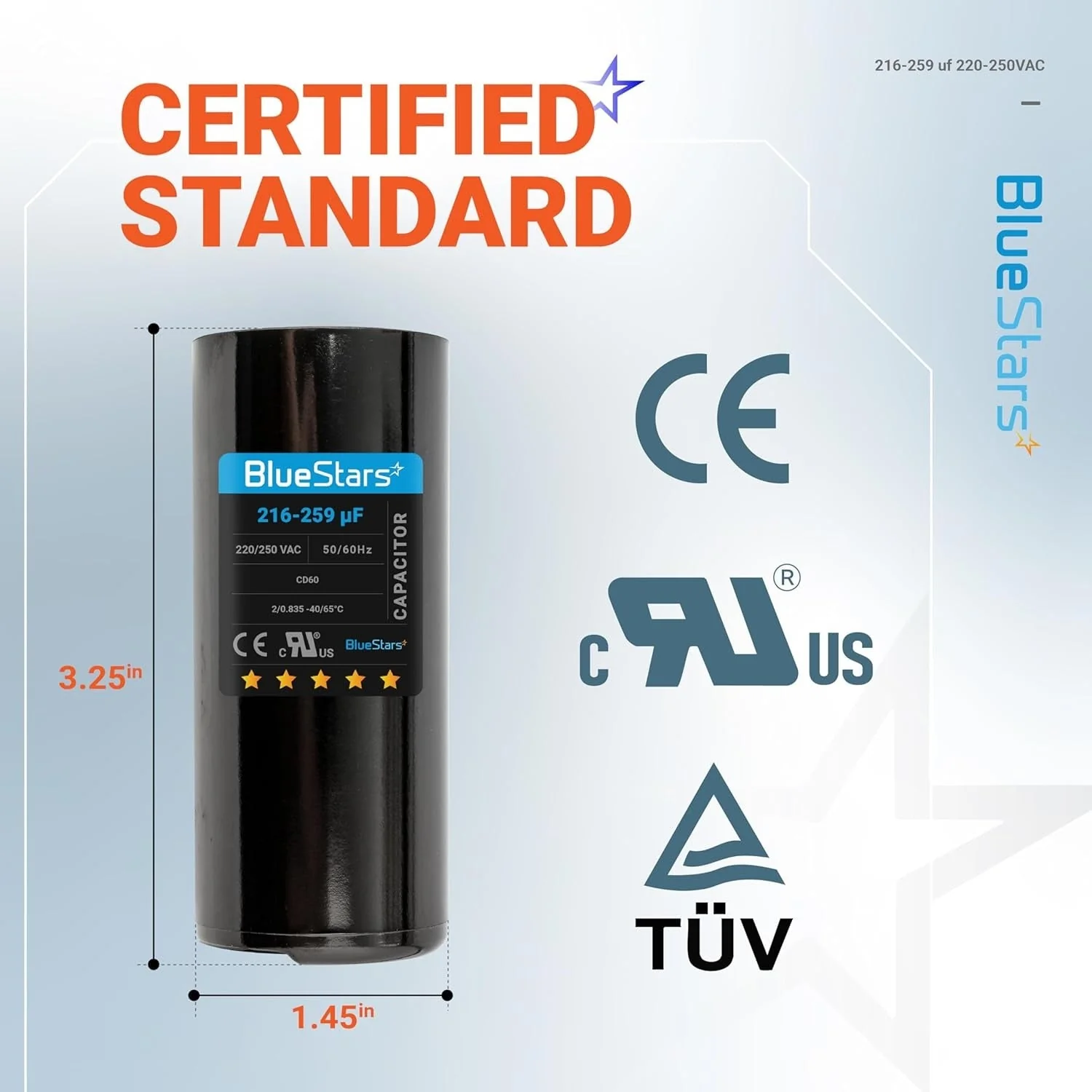 216-259 uF MFD 220-250 VAC 50/60 Hz SC0080 CD60 Round Motor Start Capacitor - Fits AC Motor Run, Fan Start, Heat Pump Ver. 2 - Image 2