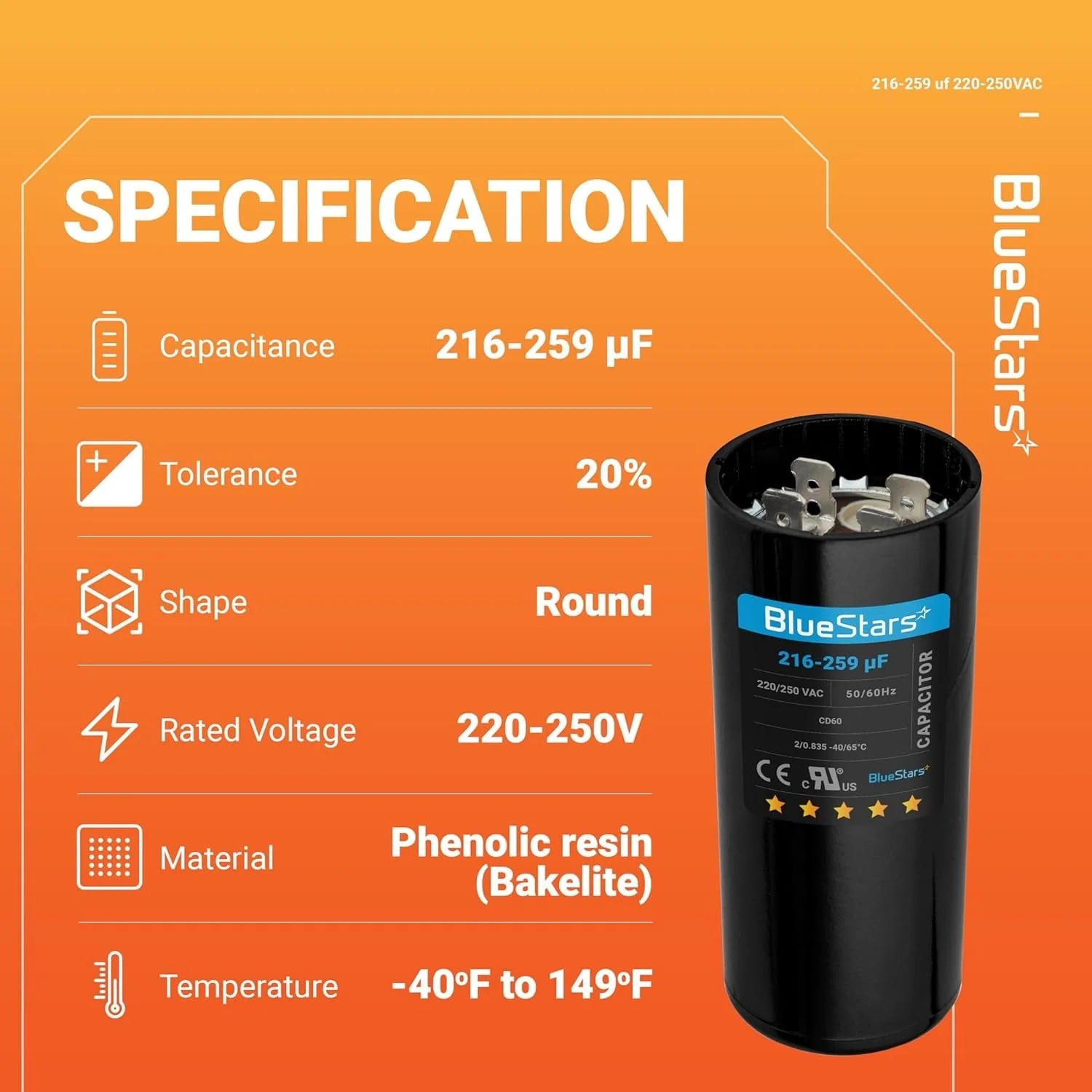 216-259 uF MFD 220-250 VAC 50/60 Hz SC0080 CD60 Round Motor Start Capacitor - Fits AC Motor Run, Fan Start, Heat Pump Ver. 2 - Image 3