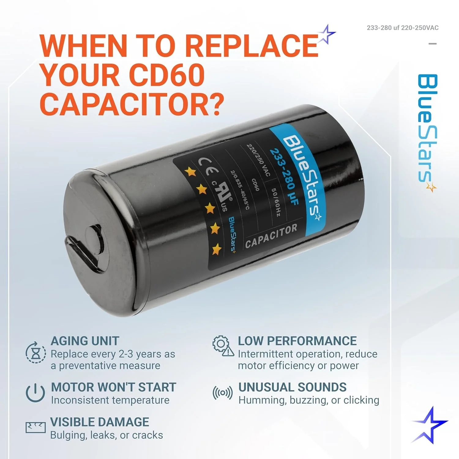 233-280 uF MFD 220-250 VAC ±20% Round Motor Start Capacitor 50/60 Hz AC Electric Replacement - Image 3