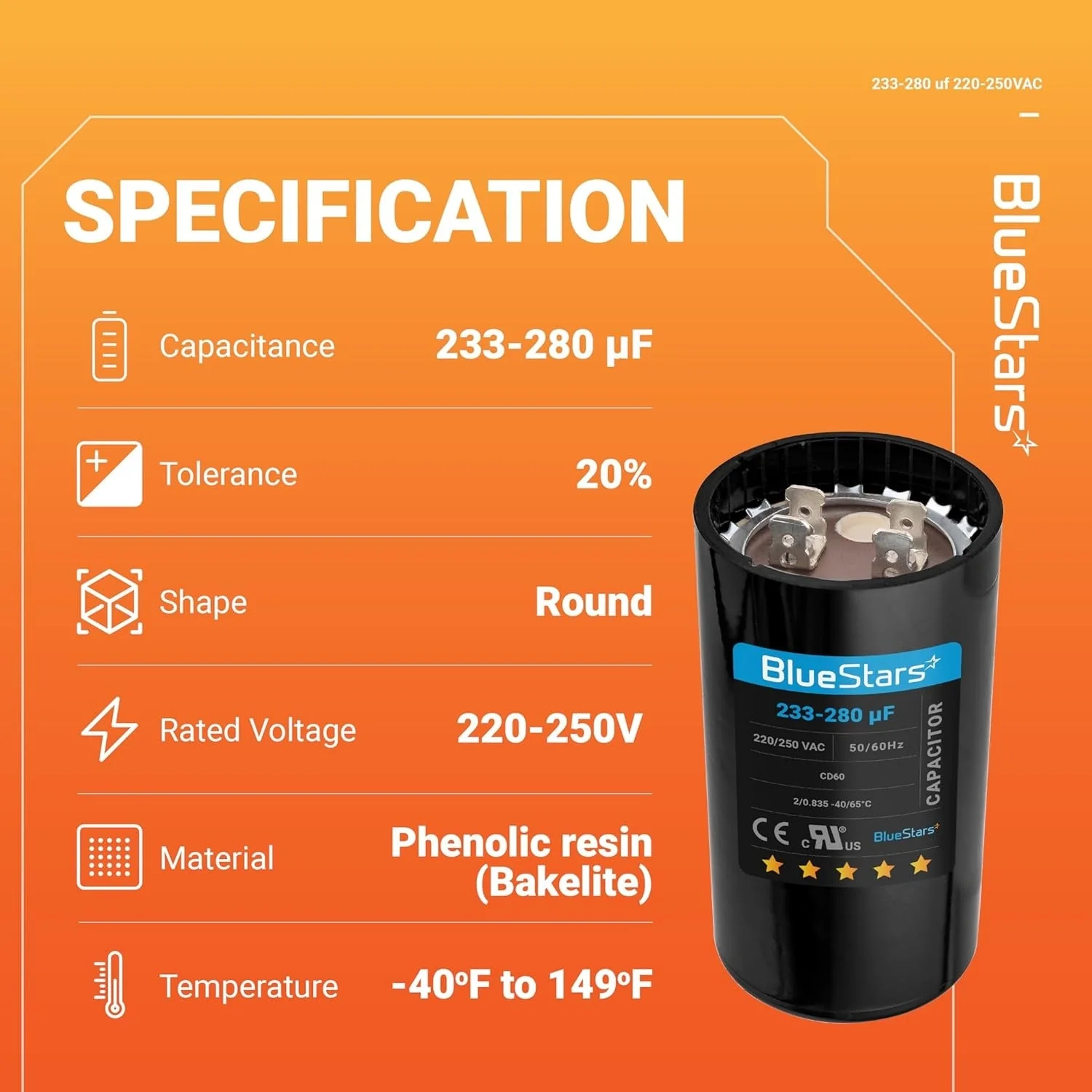 233-280 uF MFD 220-250 VAC ±20% Round Motor Start Capacitor 50/60 Hz AC Electric Replacement - Image 6