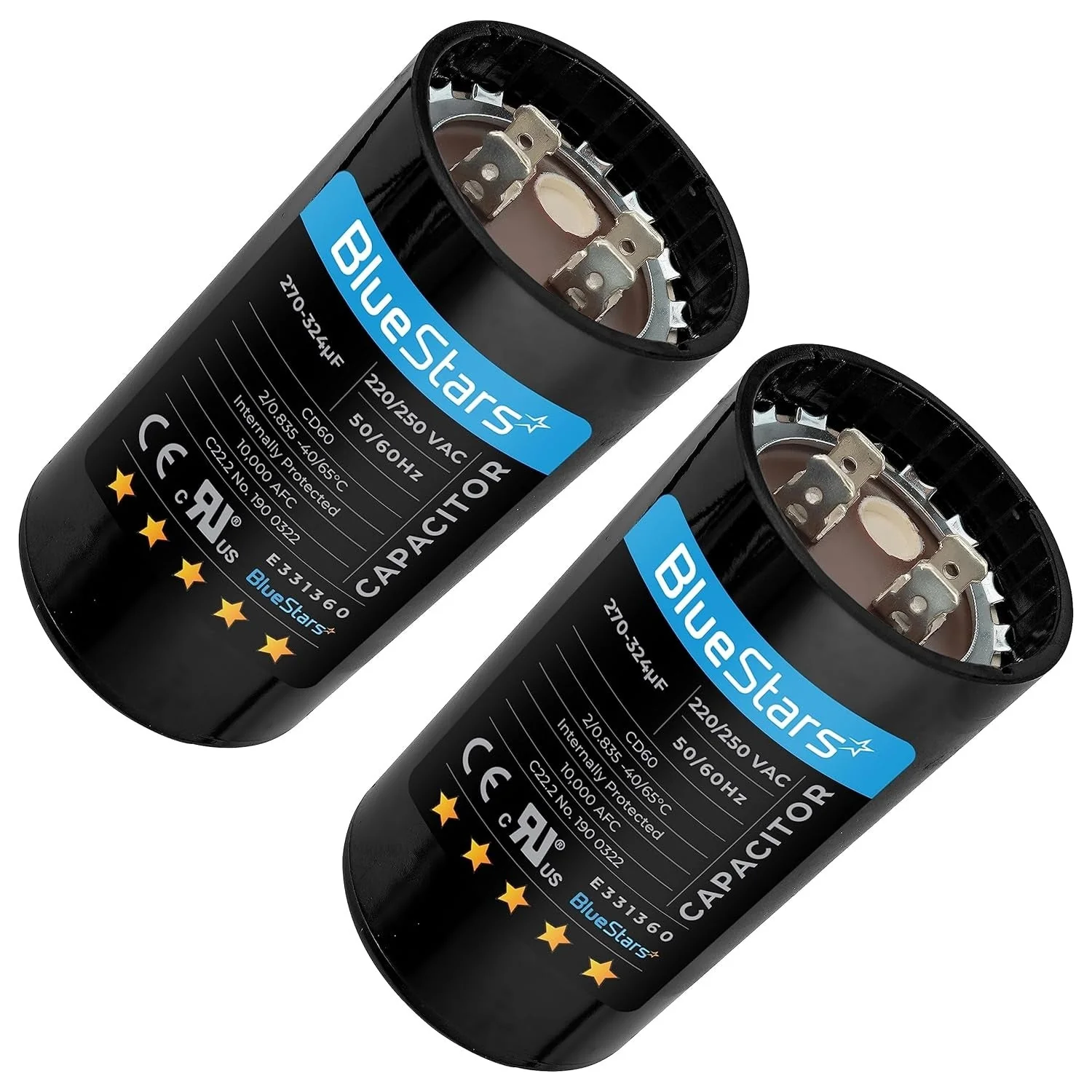 270-324 uF MFD 250 VAC CD60 Round Motor Start Capacitor 50/60 Hz AC Electric Replacement - 2 Pack
