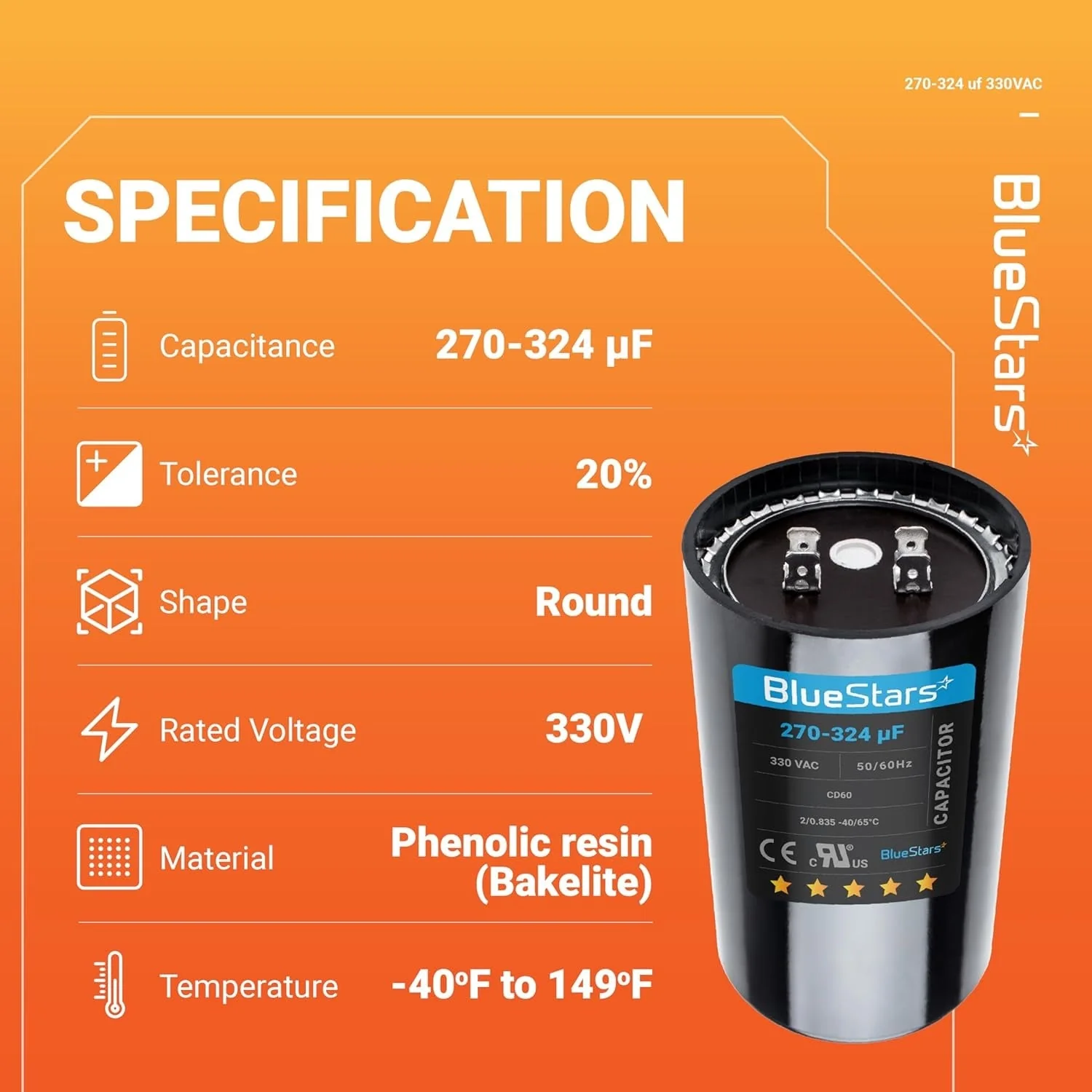 270-324 uF MFD 330 VAC Round Start Capacitor 50/60 Hz - Fits Air Conditioner or Heat Pump Condenser - Image 6