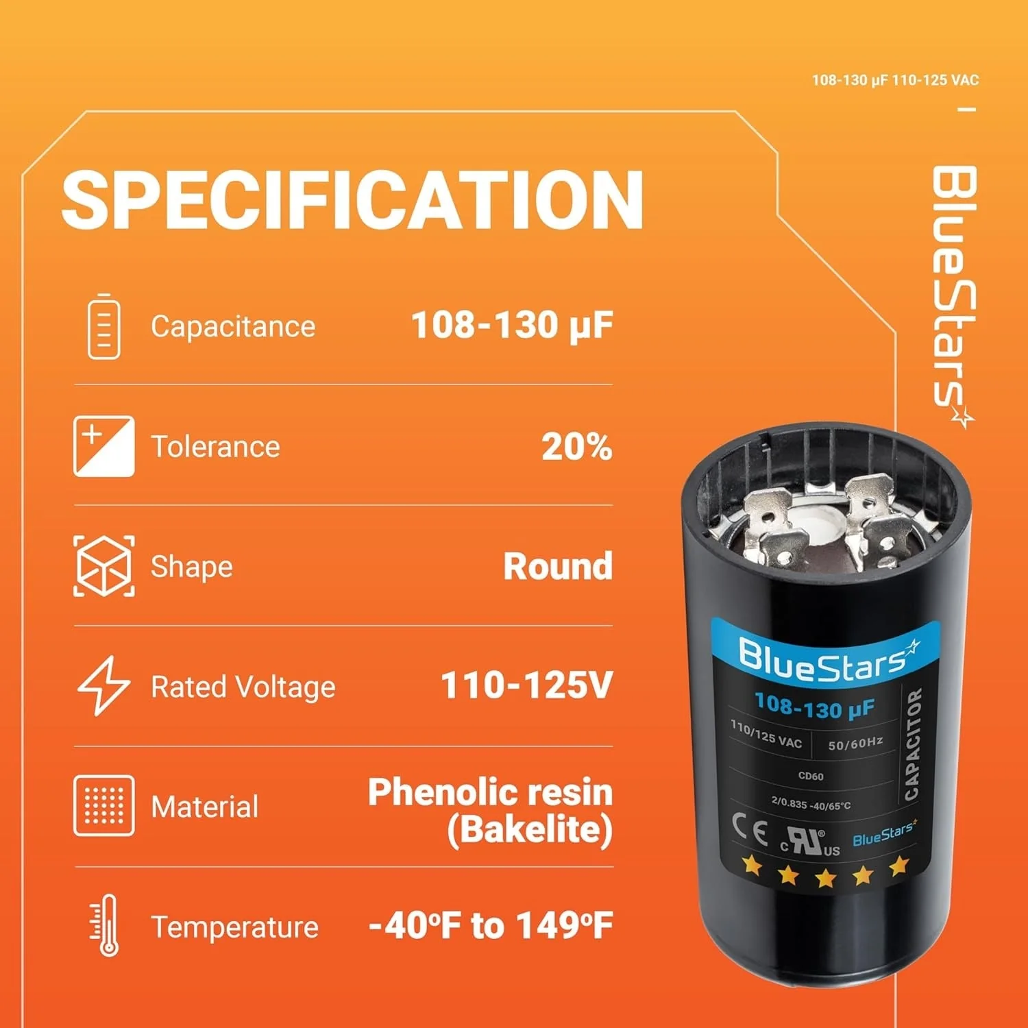 108-130 uF MFD 110-125 VAC ±20% 50/60 Hz CD60 Round Start Capacitor - Fits Pool Pump, Well Pump - 2 Pack - Image 3