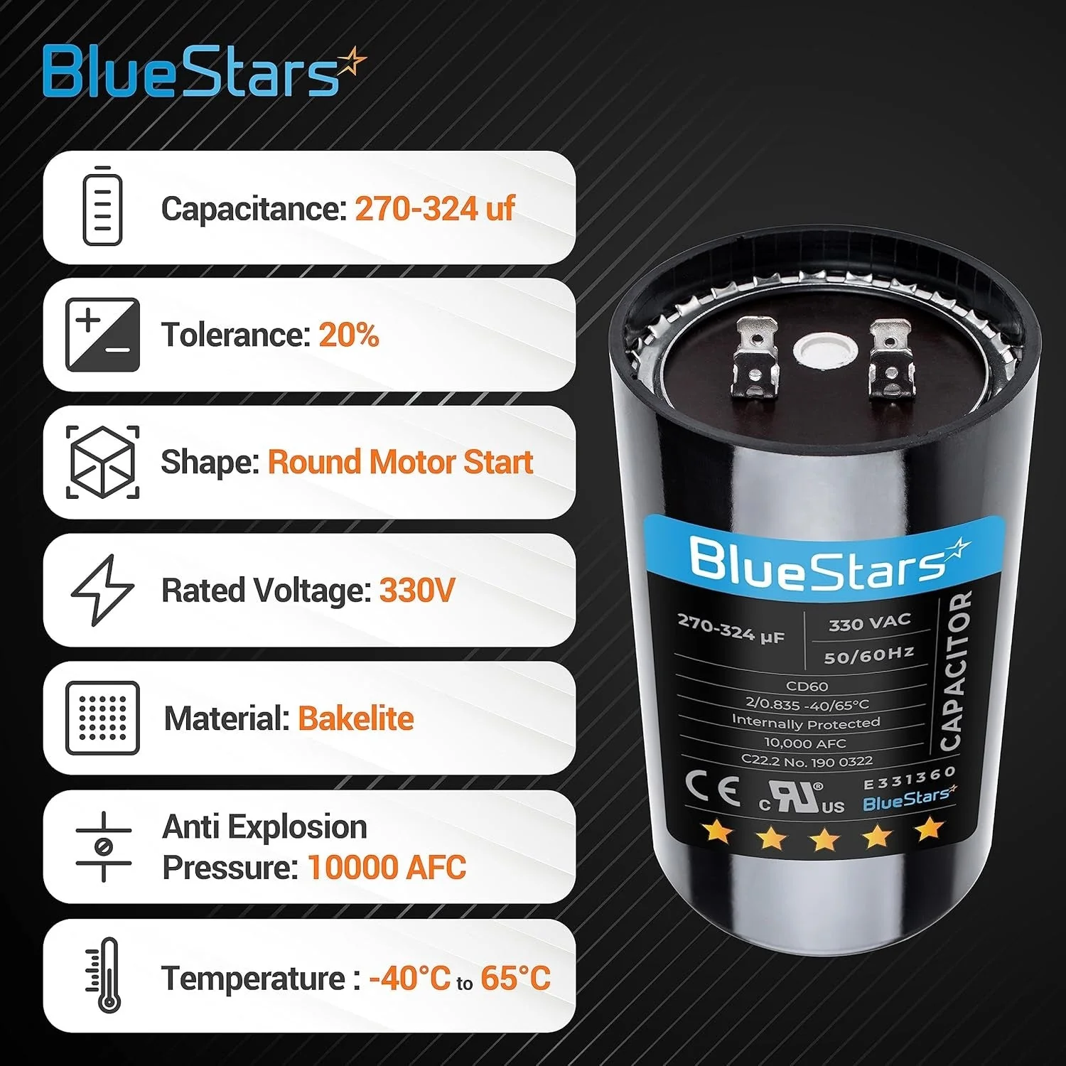 270-324 uF MFD 330 VAC Round Start Capacitor 50/60 Hz - Fits Air Conditioner, Heat Pump Condenser - 2 Pack - Image 2