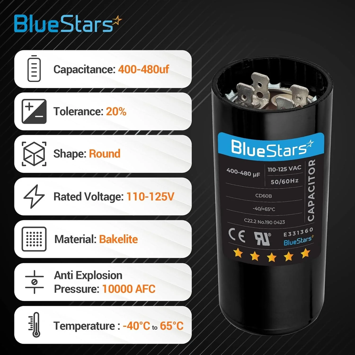 400-480 uF MFD 110-125 VAC Round Motor Start Capacitor 50/60 Hz AC Electric Replacement - 2 Pack - Image 2