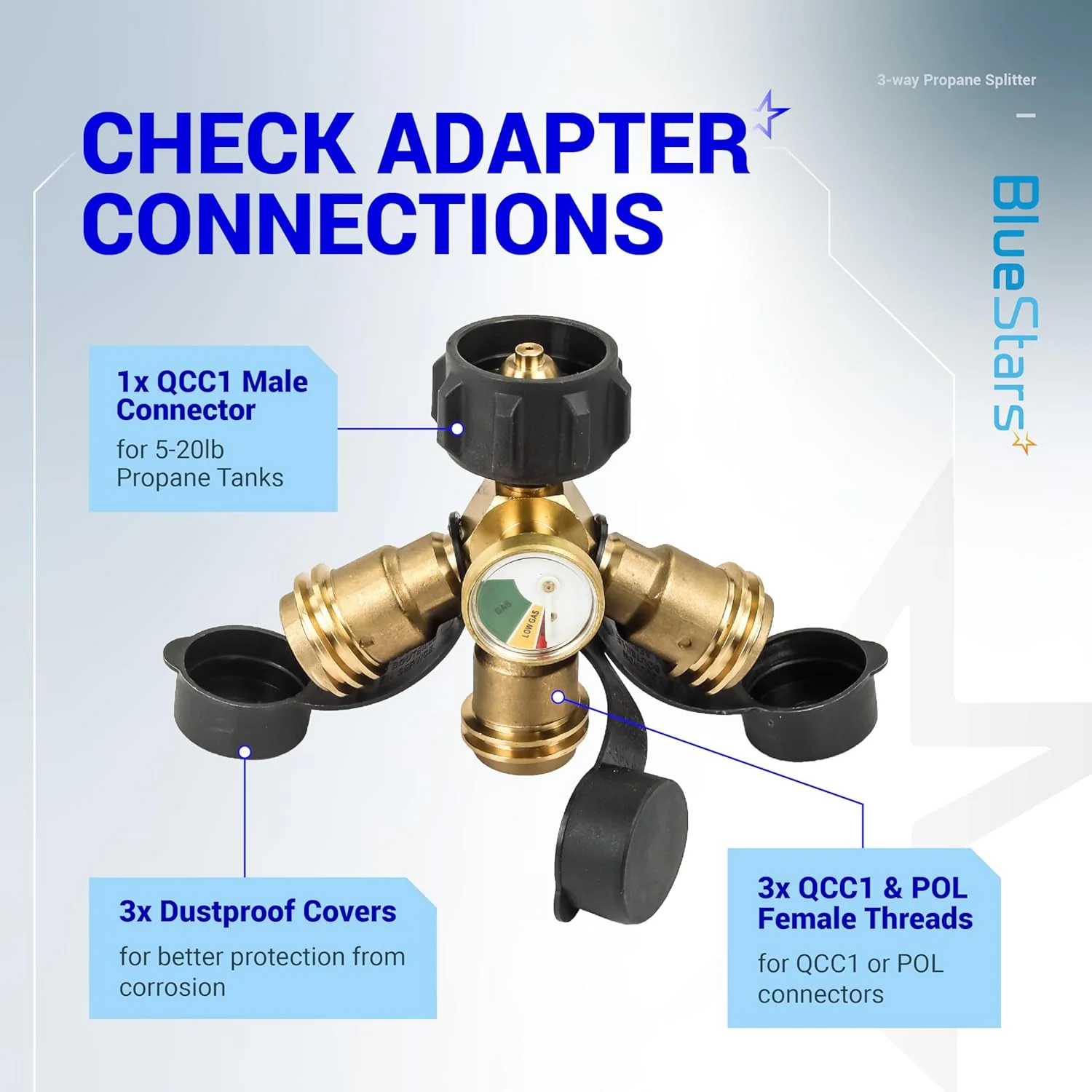 3 Way Propane Splitter Propane Connector QCC/POL with Gauge and Shut-Off Valve - Image 4