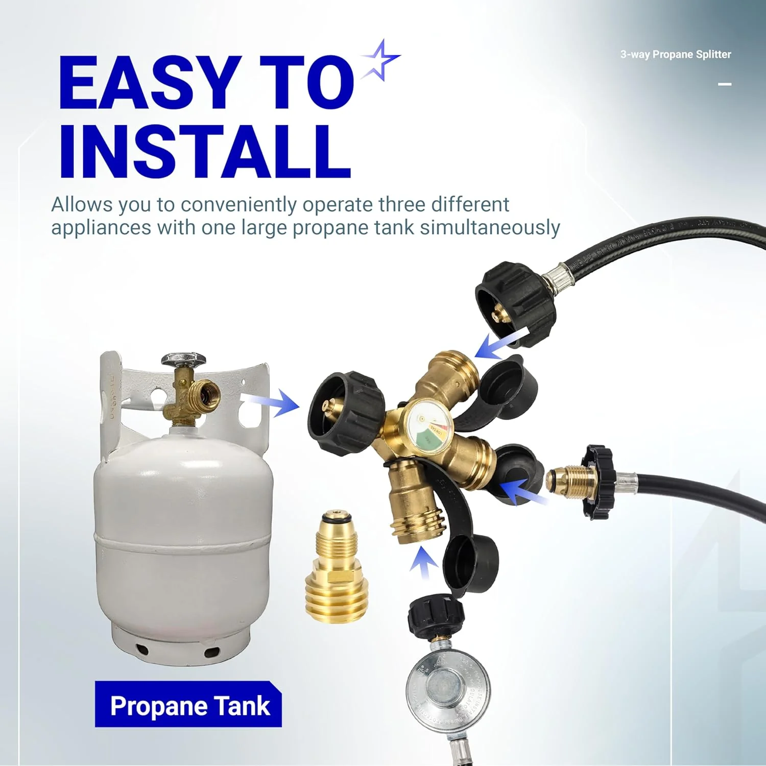 3 Way Propane Splitter Propane Connector QCC/POL with Gauge and Shut-Off Valve - Image 8