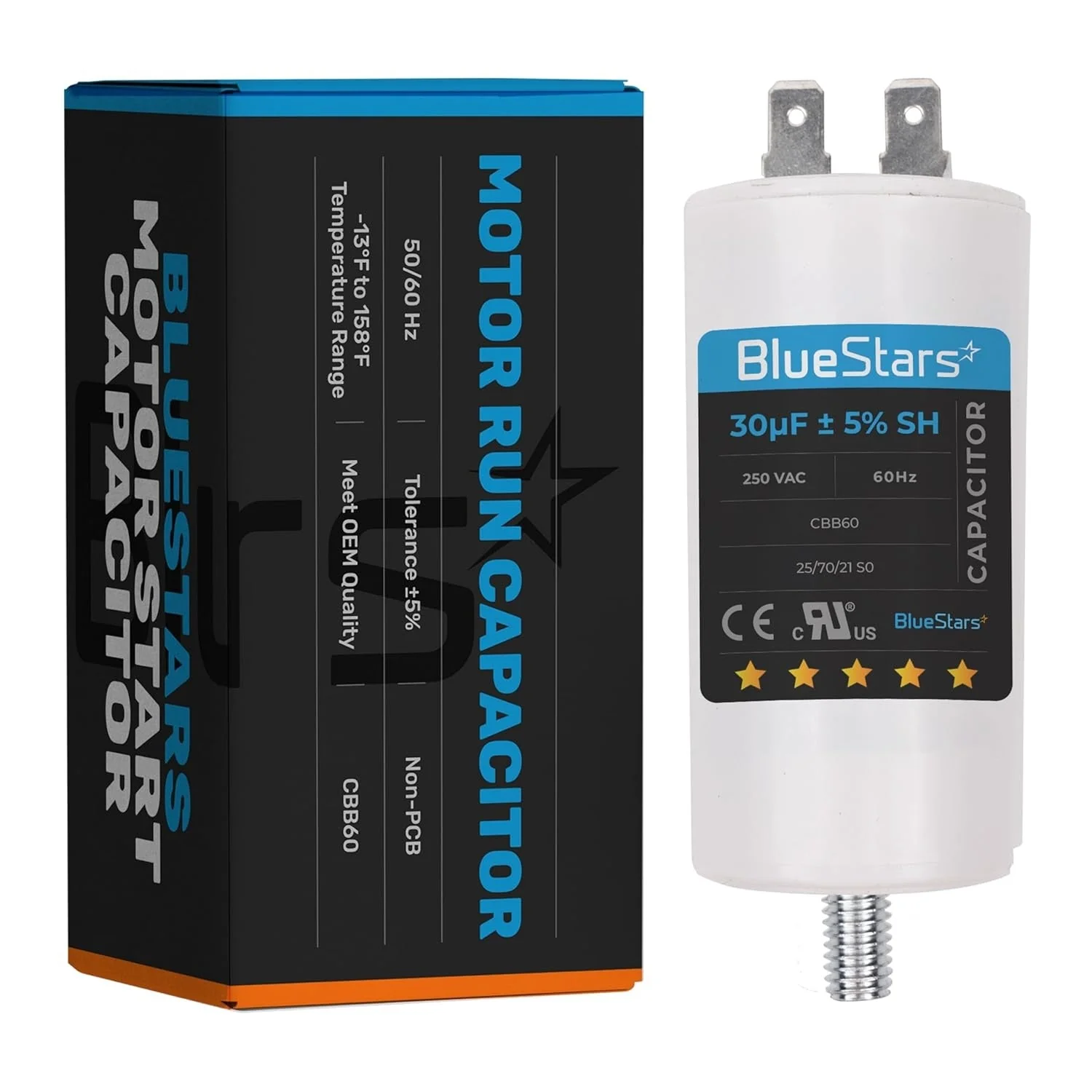 30 uF MFD 250 VAC CBB60 50/60 Hz Run Capacitor with Screw - Fits AC Motors, Electric Motors, Water Pumps