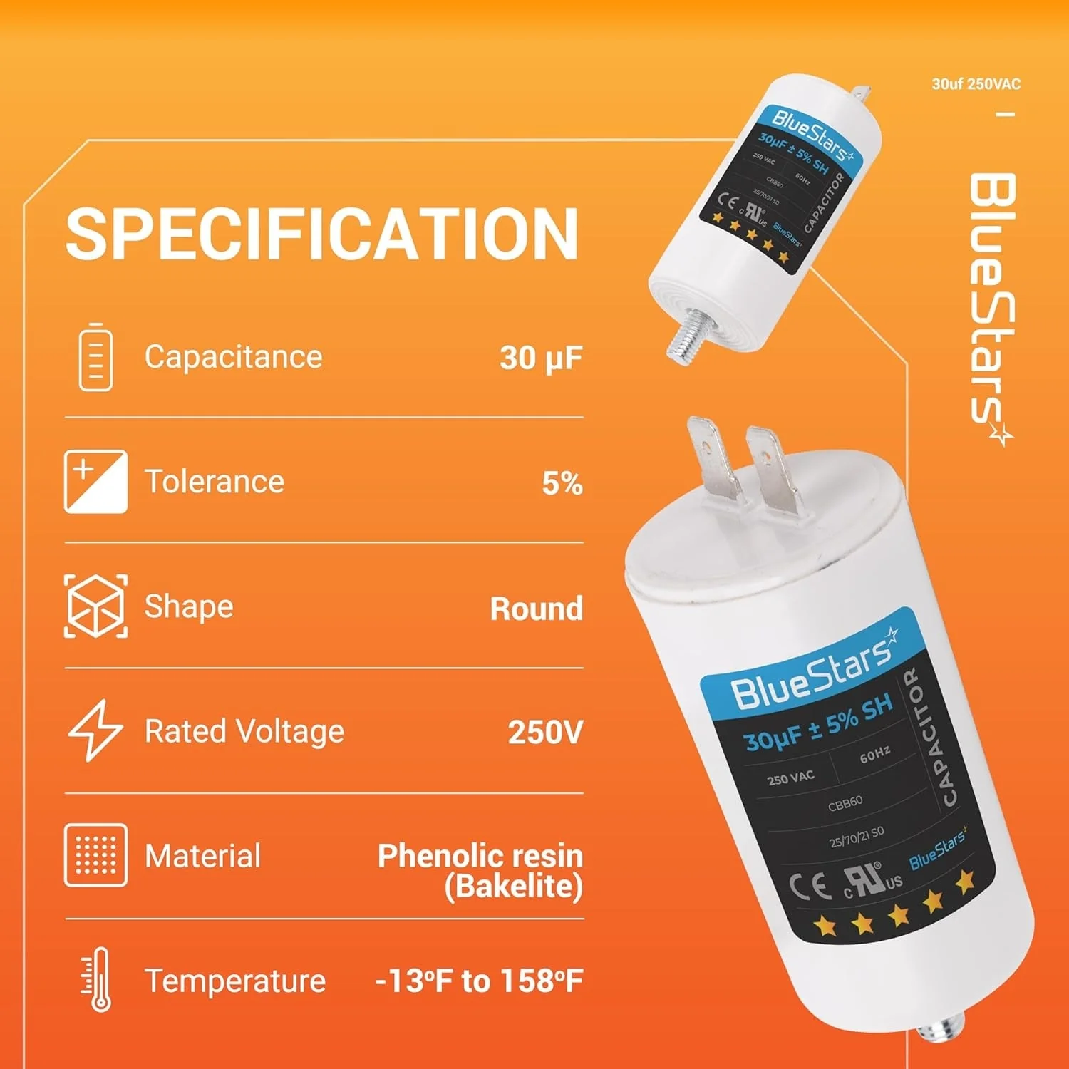 30 uF MFD 250 VAC CBB60 50/60 Hz Run Capacitor with Screw - Fits AC Motors, Electric Motors, Water Pumps - Image 6