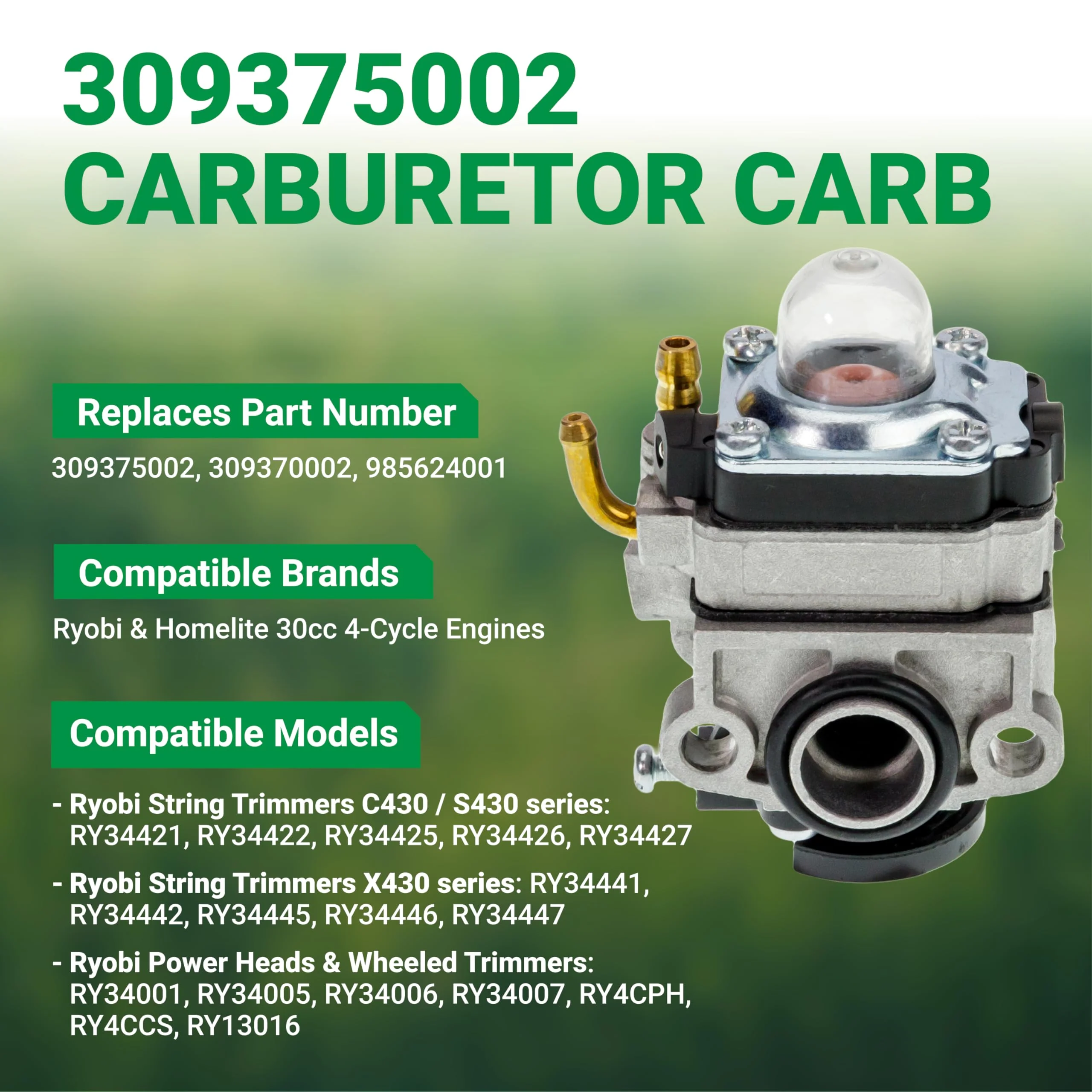 309375002 Carburetor Kit - Fits Ryobi Homelite C430 S430 X430 30cc String Trimmer - Image 5