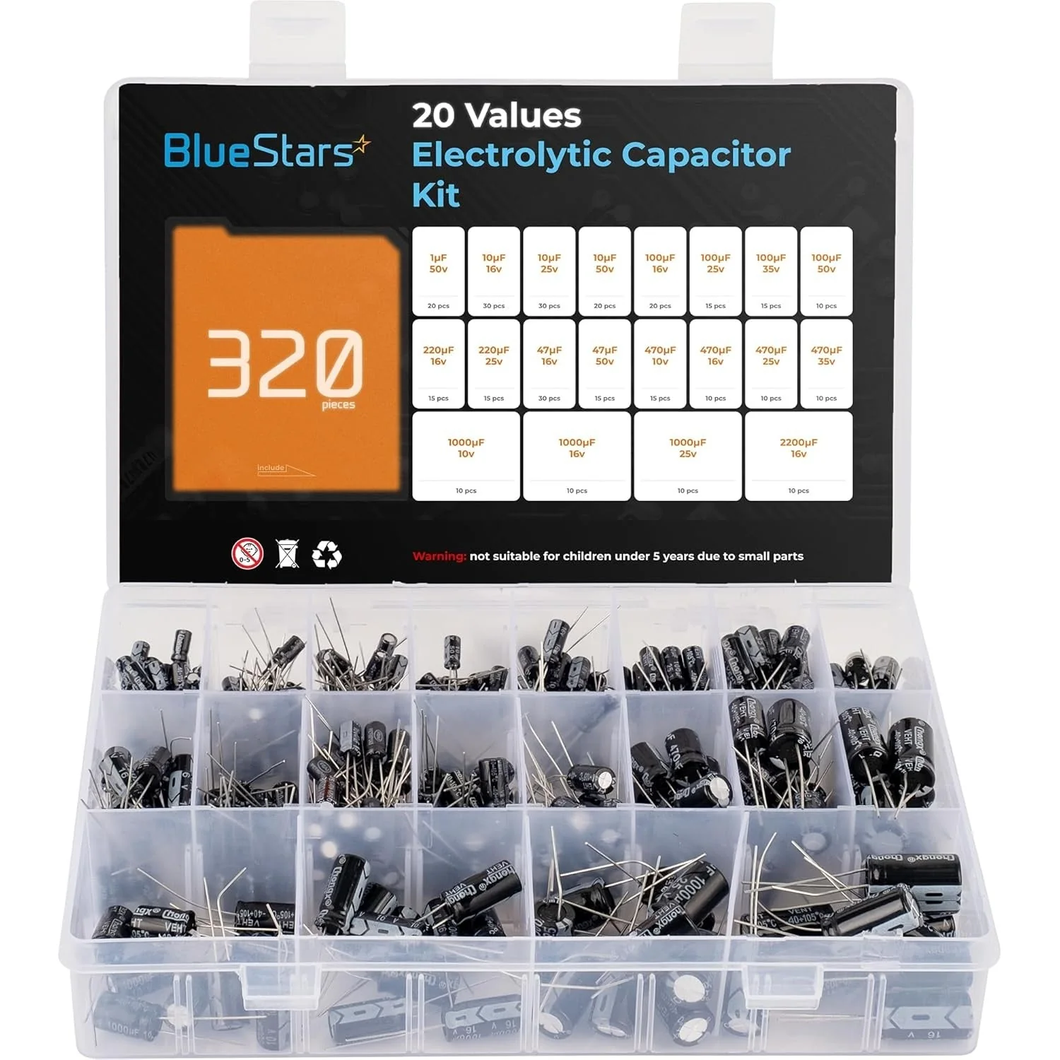 320 PCS 20-Value Aluminum Electrolytic Capacitor Assortment Box Kit Range 1uF-2200uF