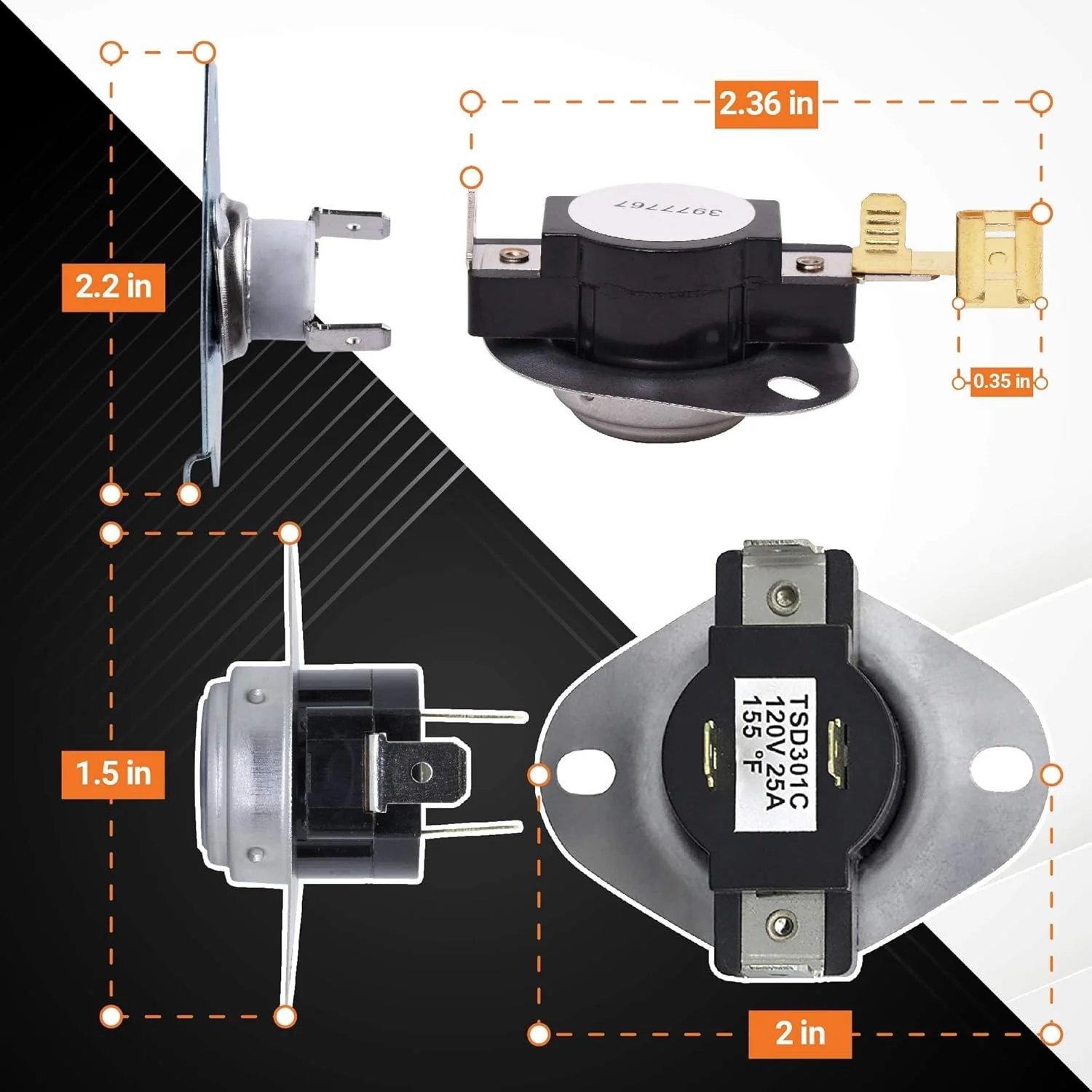 3387134 Cycling Thermostat 3392519 Thermal Fuse 3977393 Thermal Cut-off Switch 3977767 Hi-Limit Thermostat for Dryers - 2 Pack - Image 3
