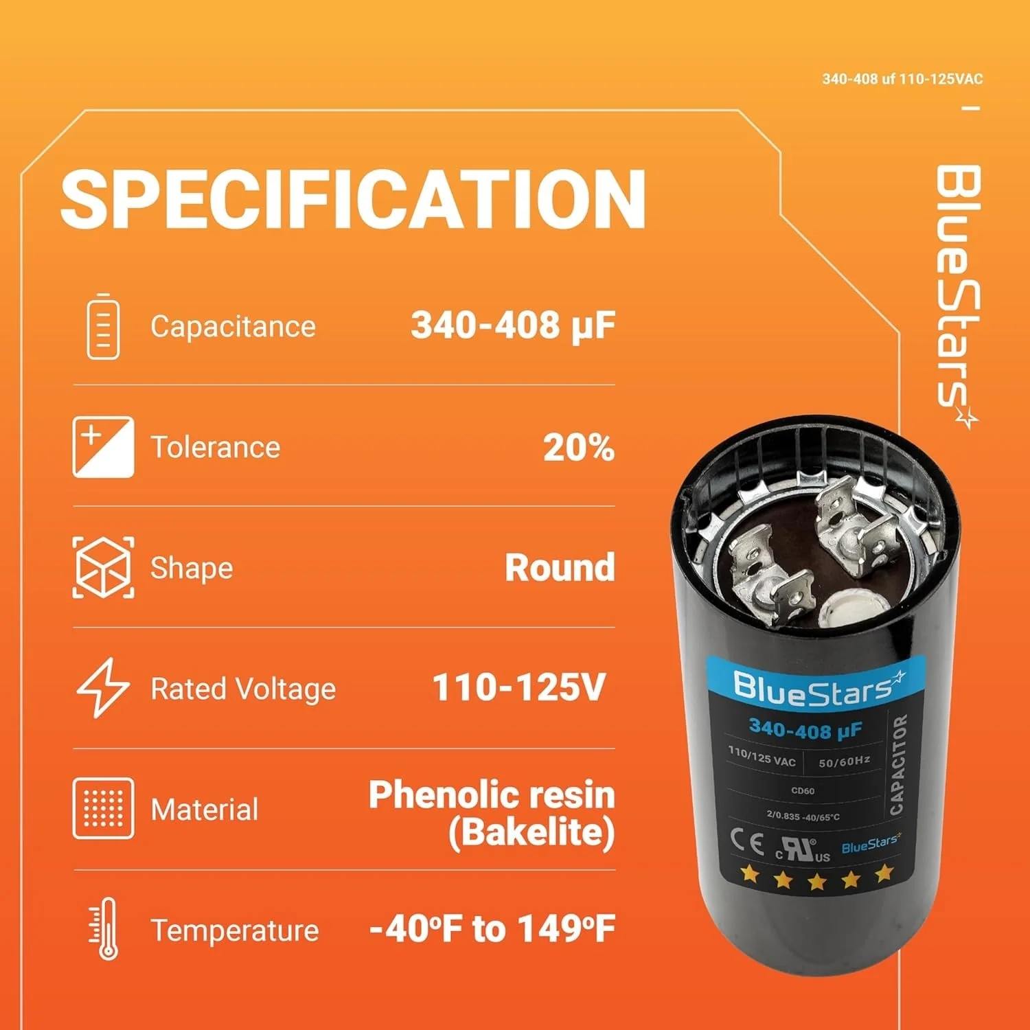 340-408 uF MFD 110-125 VAC ±20% Round Start Capacitor 50/60 Hz - Fits Single-Phase Motors, Gear Motors - Image 6