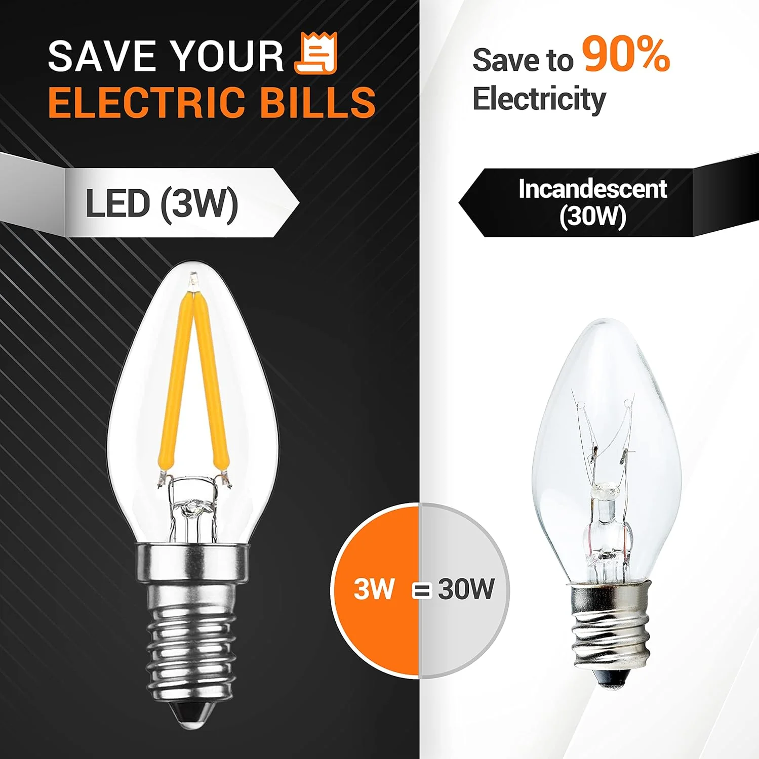 3W C7 LED Light Bulbs, E12 Candelabra Base - 120V 15W Equivalent, 2700K Warm White, Non-Dimmable - 6 Pack - Image 5