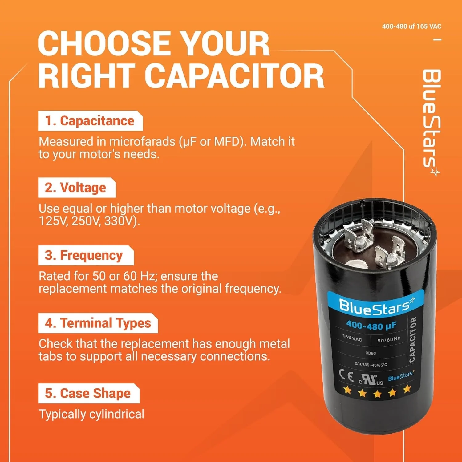 400-480 uF MFD 165 VAC CD60 Universal Round Motor Start Capacitor 50/60 Hz - Replacement for AC Electric Motor - Image 9