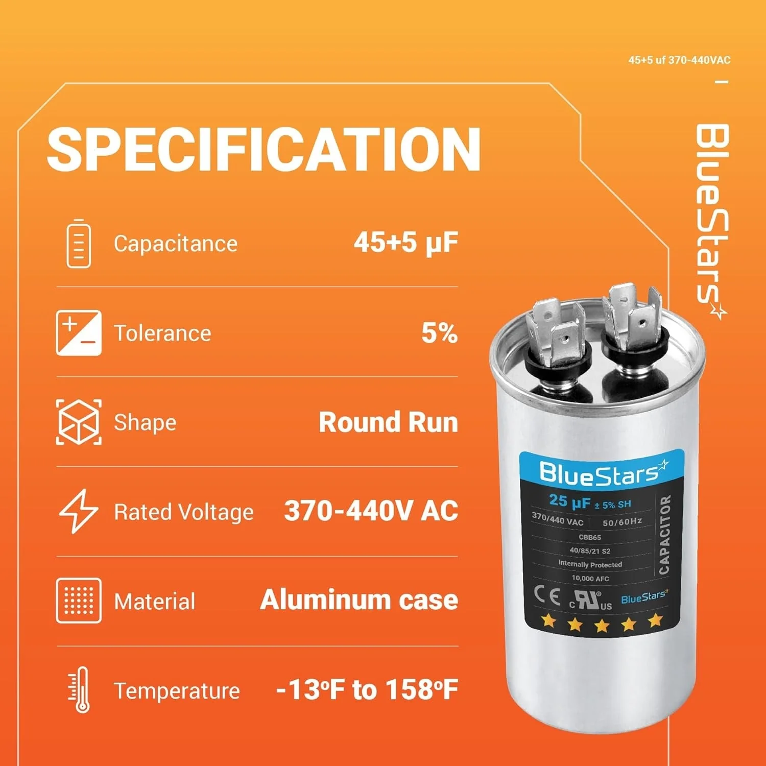 45+5 uF MFD 370/440 VAC Dual Circular Run Start Capacitor CBB65 50/60 Hz - Fits AC Motor Run, Fan Start - Replaces 97F9895 - Image 6