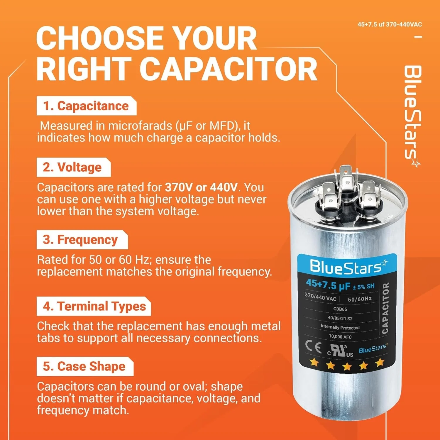 45+7.5 uF MFD 370/440 VAC Round Dual Run Capacitor CBB65 CBB65A - Fits AC Unit Fan Motor, Heat Pump - Image 9