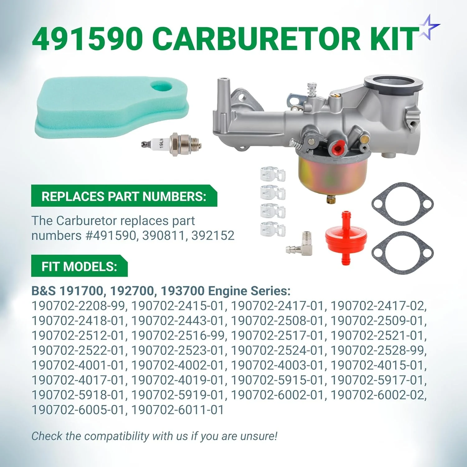 491590 Carburetor - Fits B&S 491590 390811 392152 Carb 191700 192700 193700 Engine Series Vertical Engine - Image 4