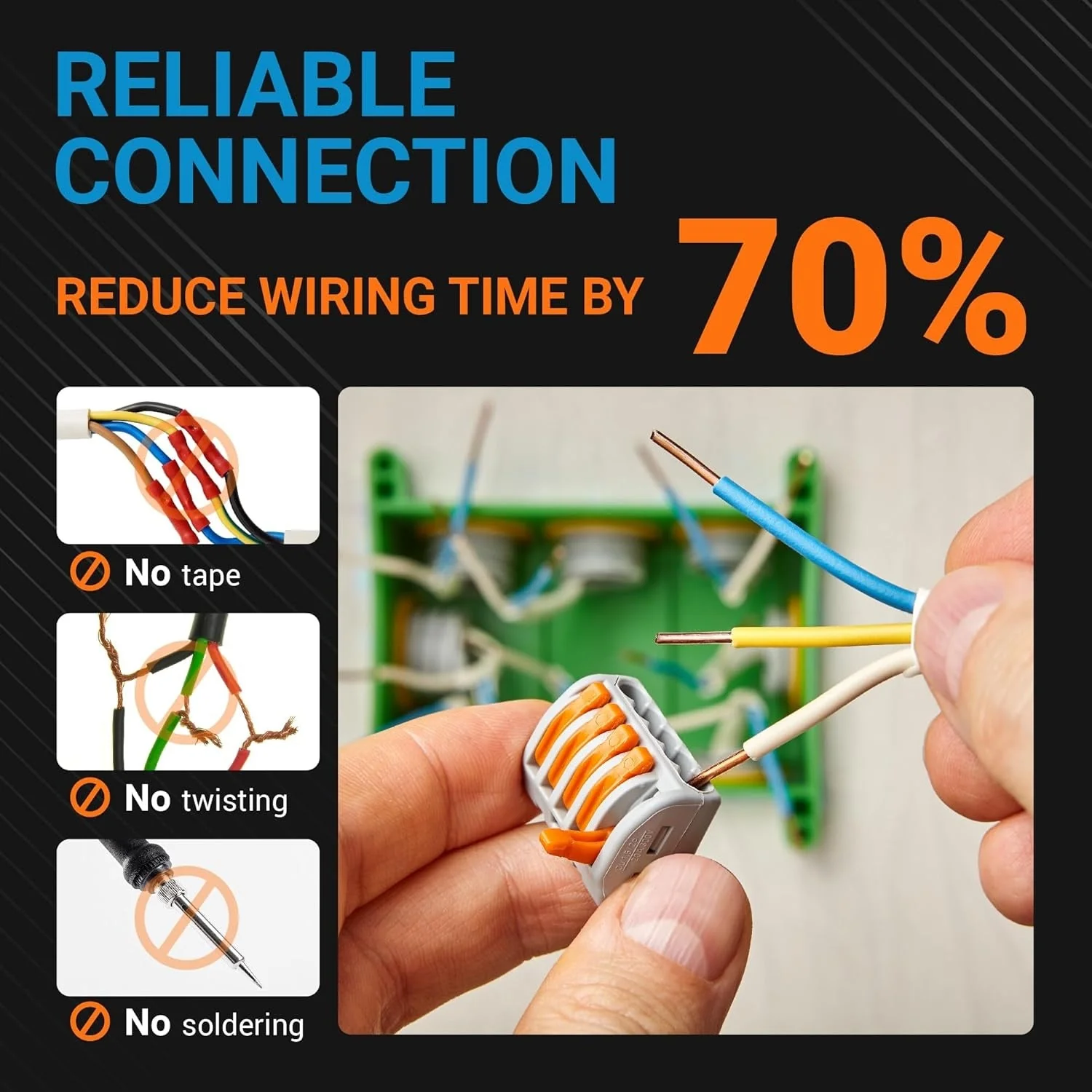 2-Port Conductor 250V 32A Orange Wire Connectors Push-in - Suitable for Multiple Types Butt Terminal Connectors - 28-12 AWG - 5 Pack - Image 4