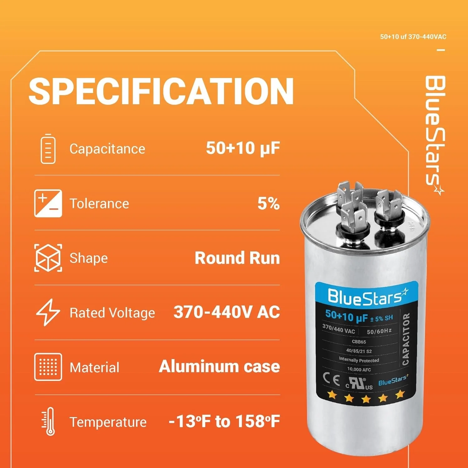 50+10 uF MFD ±5% 370/440 VAC CBB65B Dual Run Start Round Capacitor - Fits Condenser, Heat Pump - Image 6