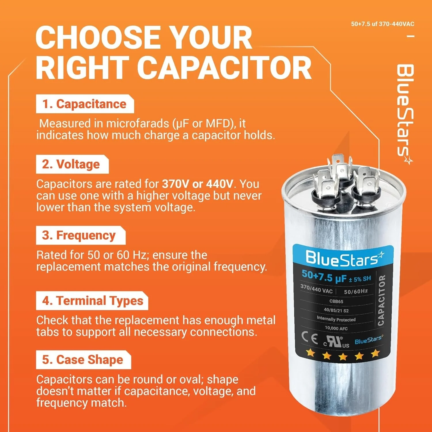 50+7.5 uF MFD ±5% 370/440 VAC CBB65 CBB65B Dual Run Round Capacitor - Fits AC Unit Fan Motor, Heat Pump, Condenser - Image 6