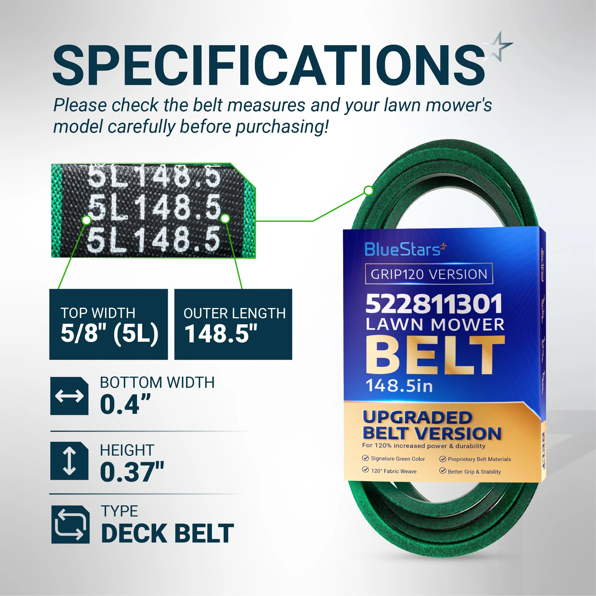 [Grip120] 522811301 Deck Belt | Fits 52" Deck Husqvarna MZ5225 MZT52 MZ52, Dixon, RedMax & More | 148.5" - Image 2