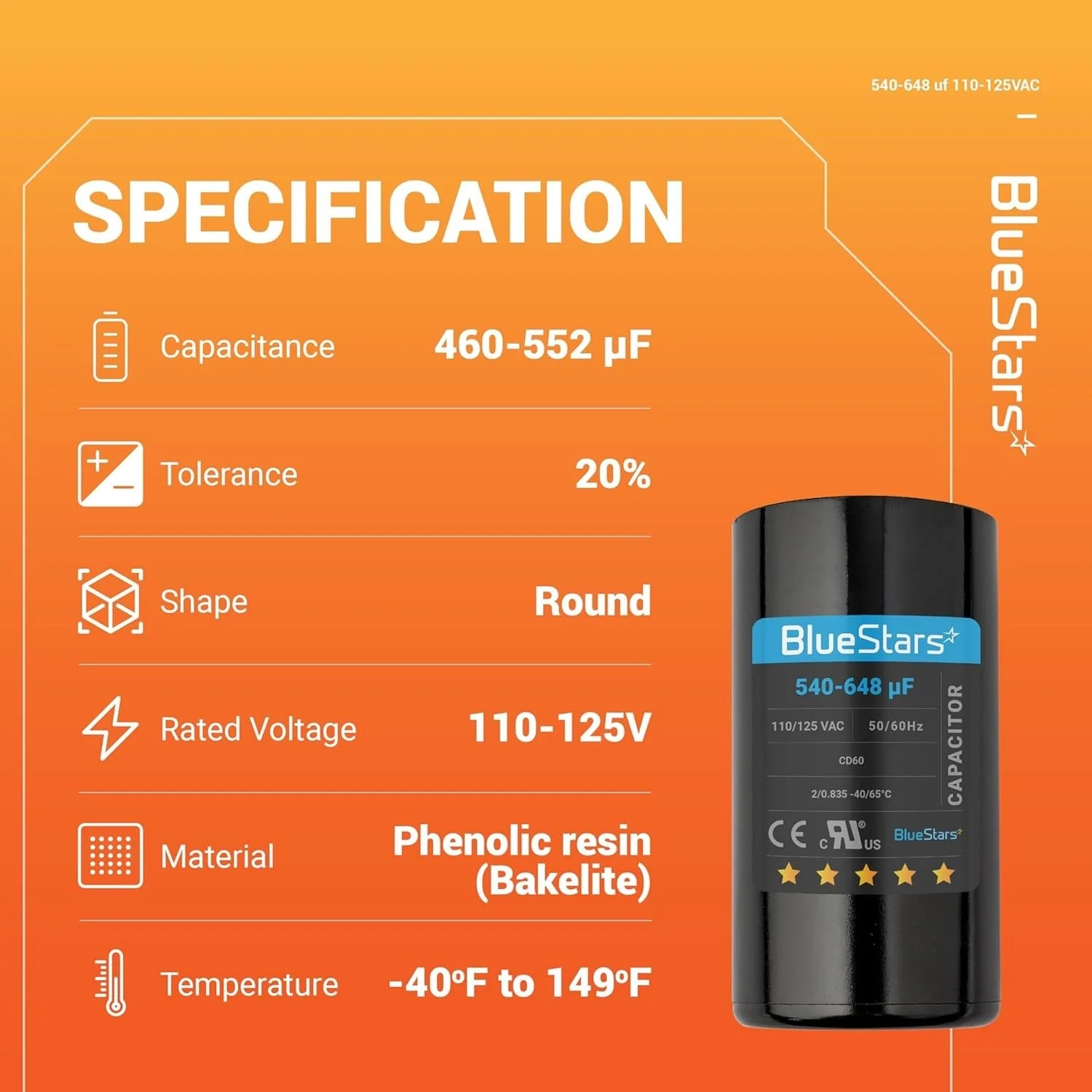 540-648 uF MFD 110-125 VAC ±20% CD60 Round Start Capacitor - Fits OEM Single Phase Motor, Heat Pump - Image 6