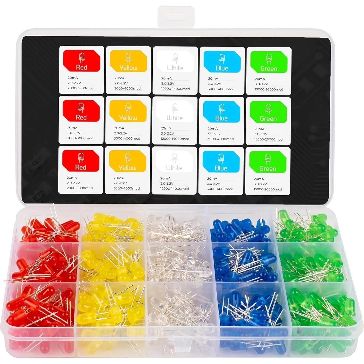 500 PCS 5mm Bi-pin LED Light Emitting Diode Round Assorted Color (White/Red/Yellow/Green/Blue) Kit