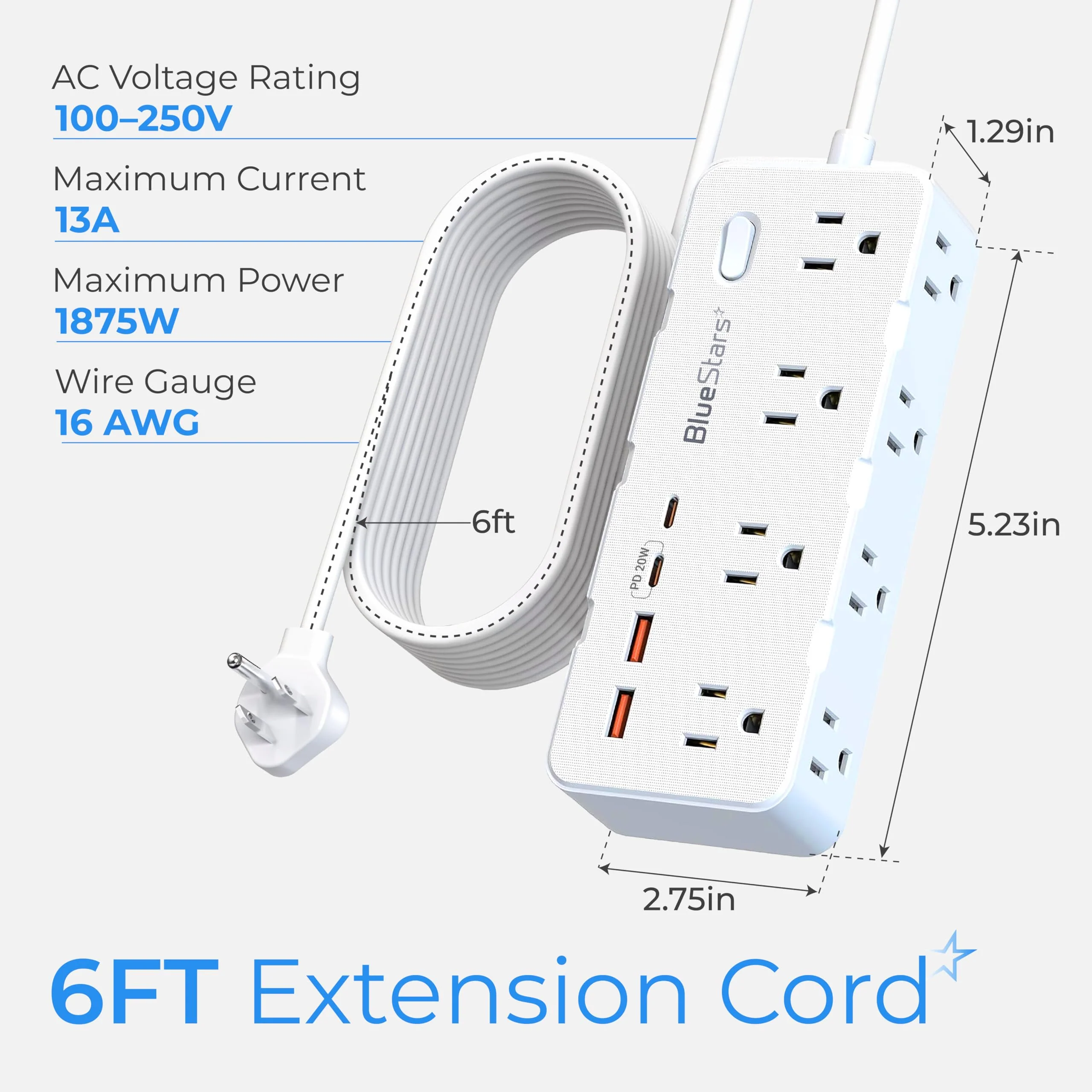 6FT Extension Cord Surge Protector Power Strip - Flat Plug 8 AC Outlets & 4 USB Ports (2 USB C, 1 PD 20W) 1875W/13A - Image 2